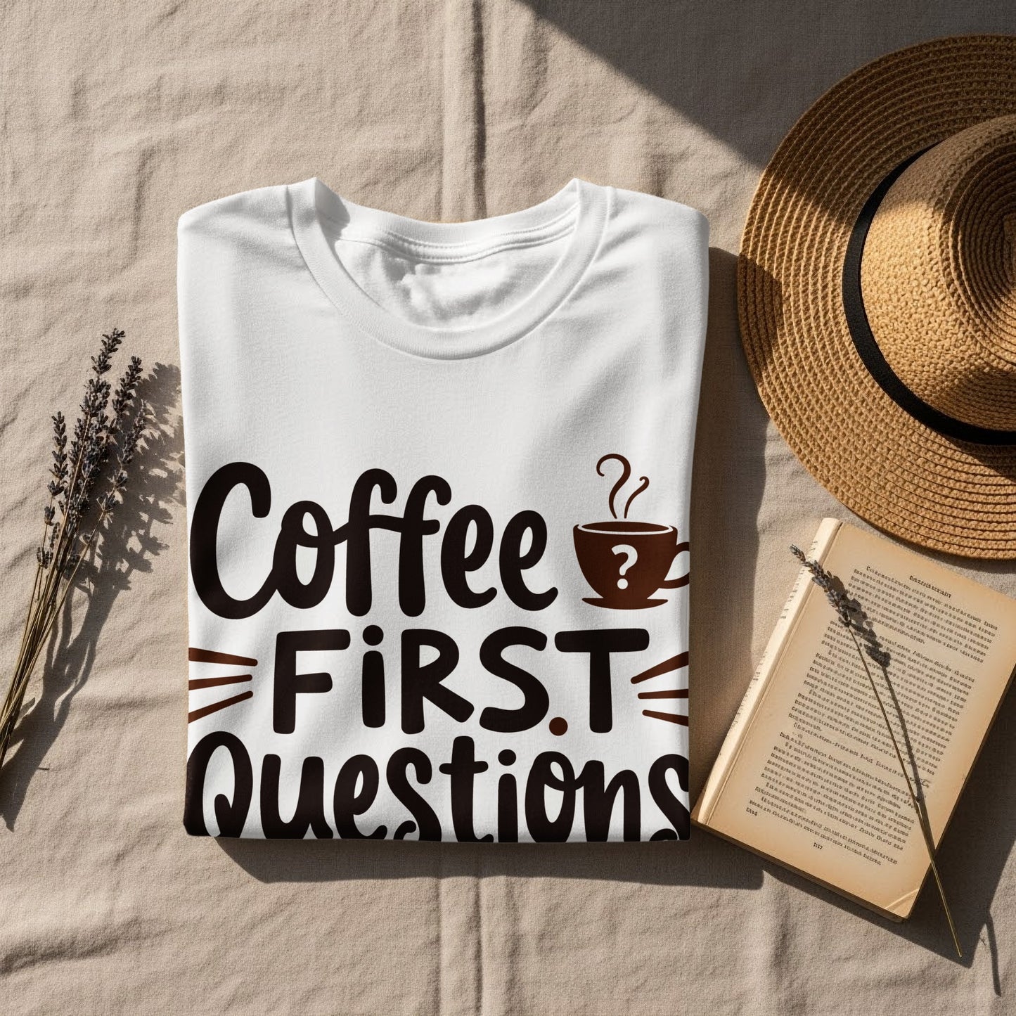Coffee Lover T-Shirt: "Coffee First Questions Later" Graphic Design