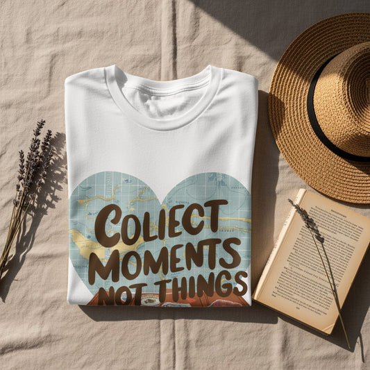 Motivational Travel T-Shirt: "Collect Moments Not Things" Suitcase Map