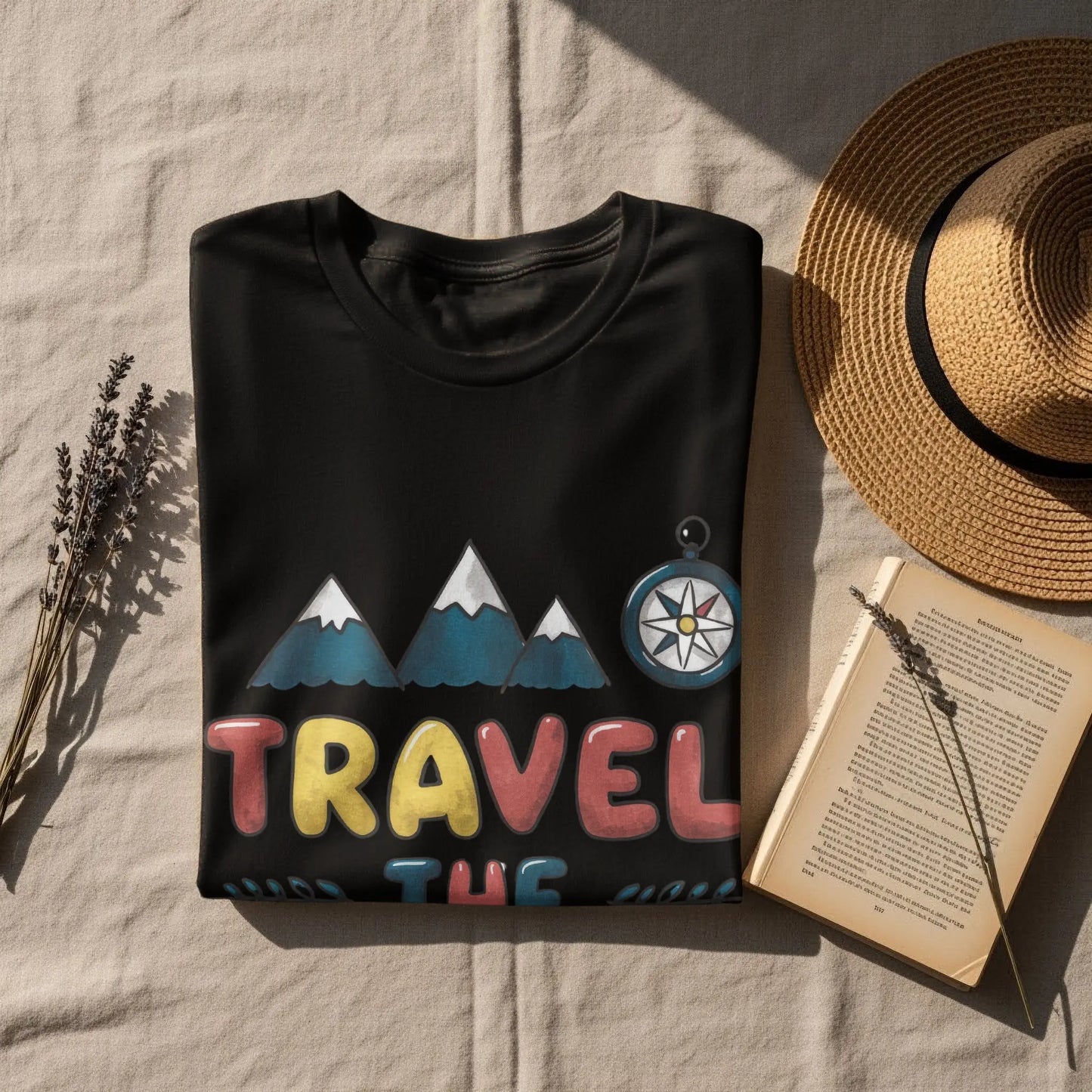 Wanderlust T-Shirt: "Travel The World" Mountains Compass Artwork
