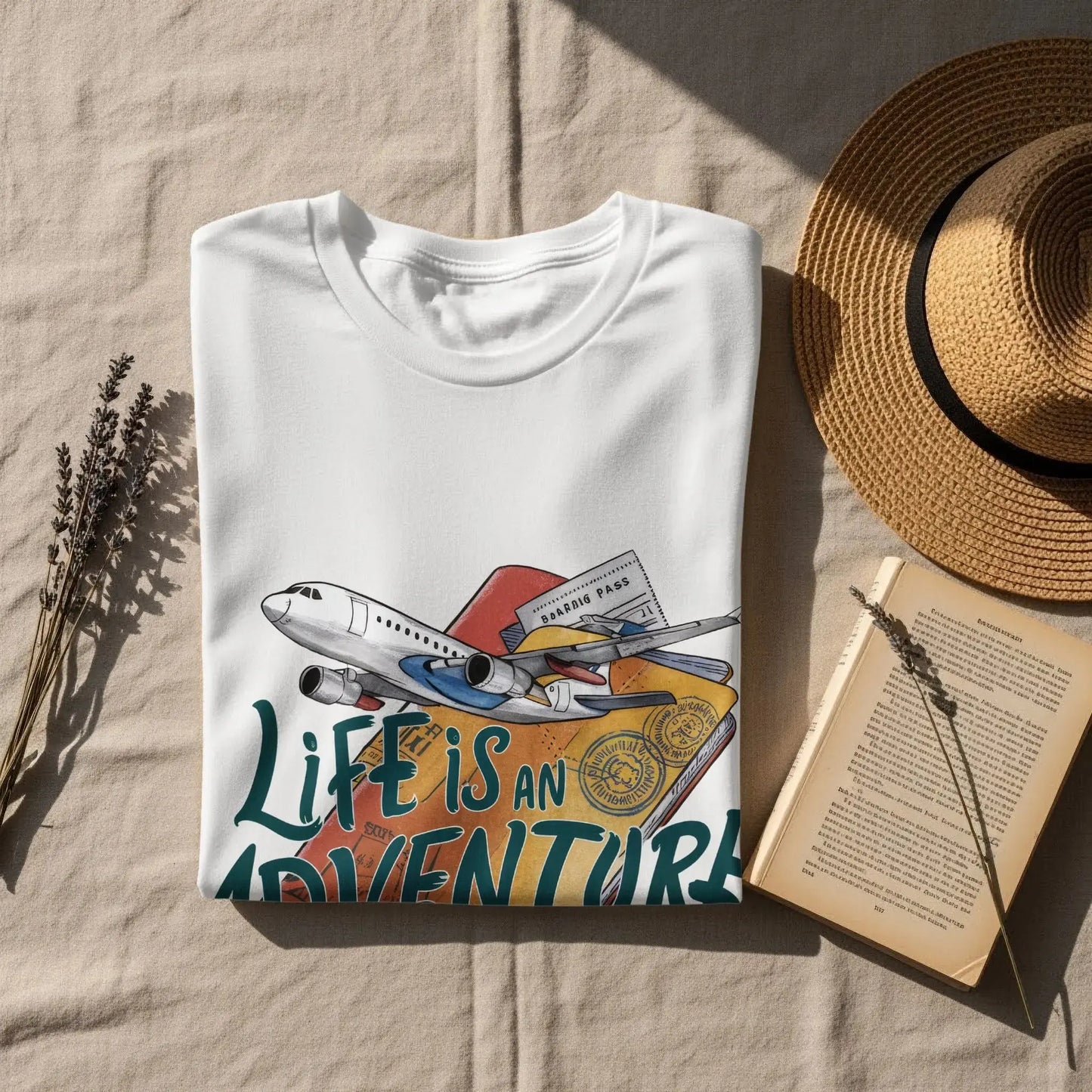 Adventure T-Shirt: "Life Is an Adventure" Airplane Over Passport Design