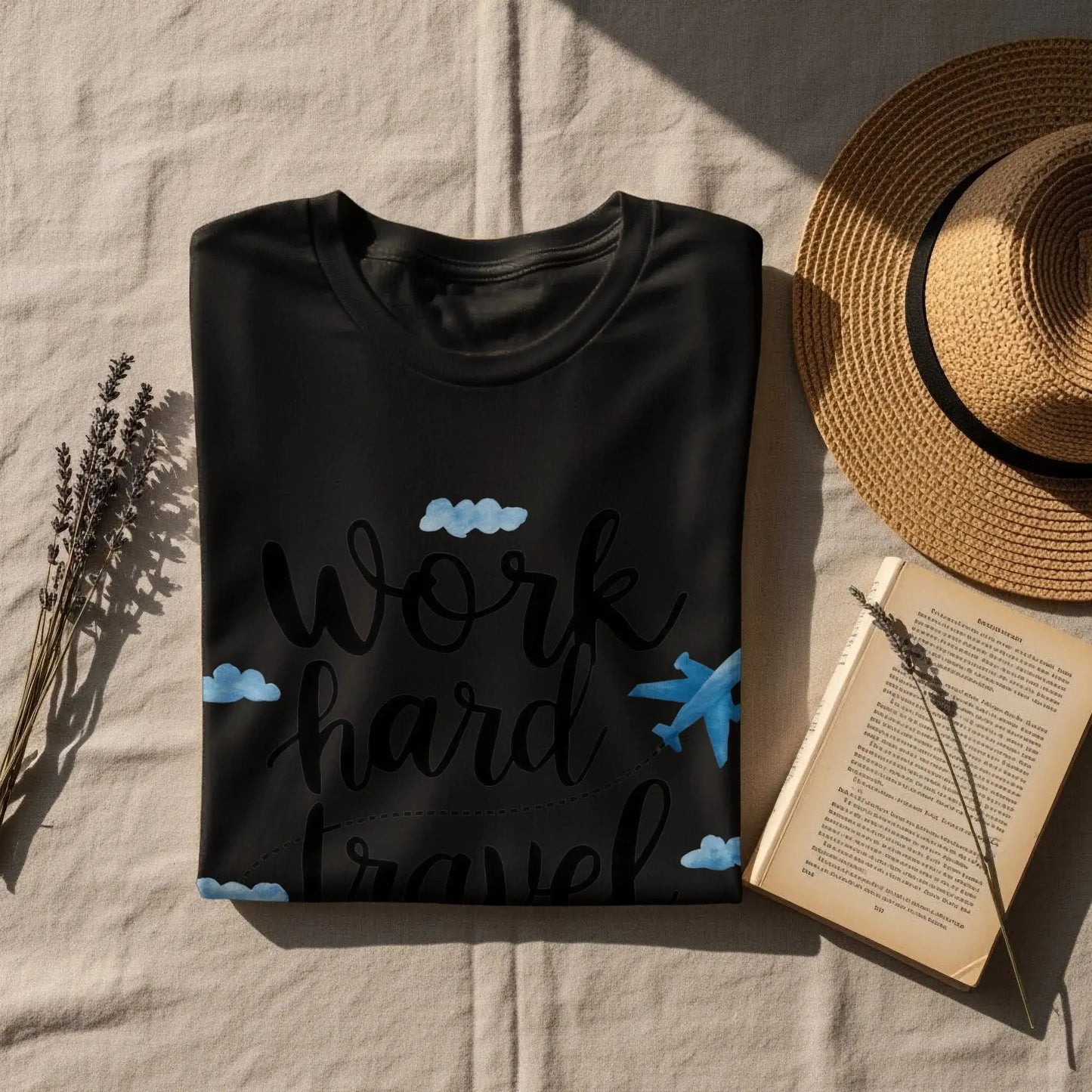 Wanderlust T-Shirt: "Work Hard Travel Harder" Airplane Clouds Tee