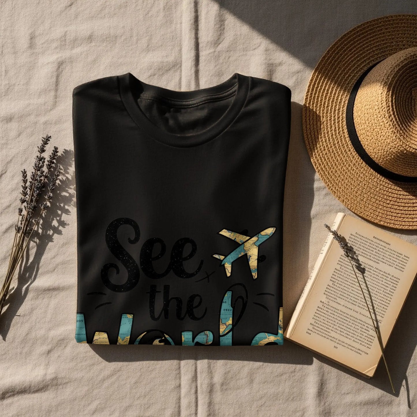 World Traveler T-Shirt: "See the World" Plane World Map Filled Tee