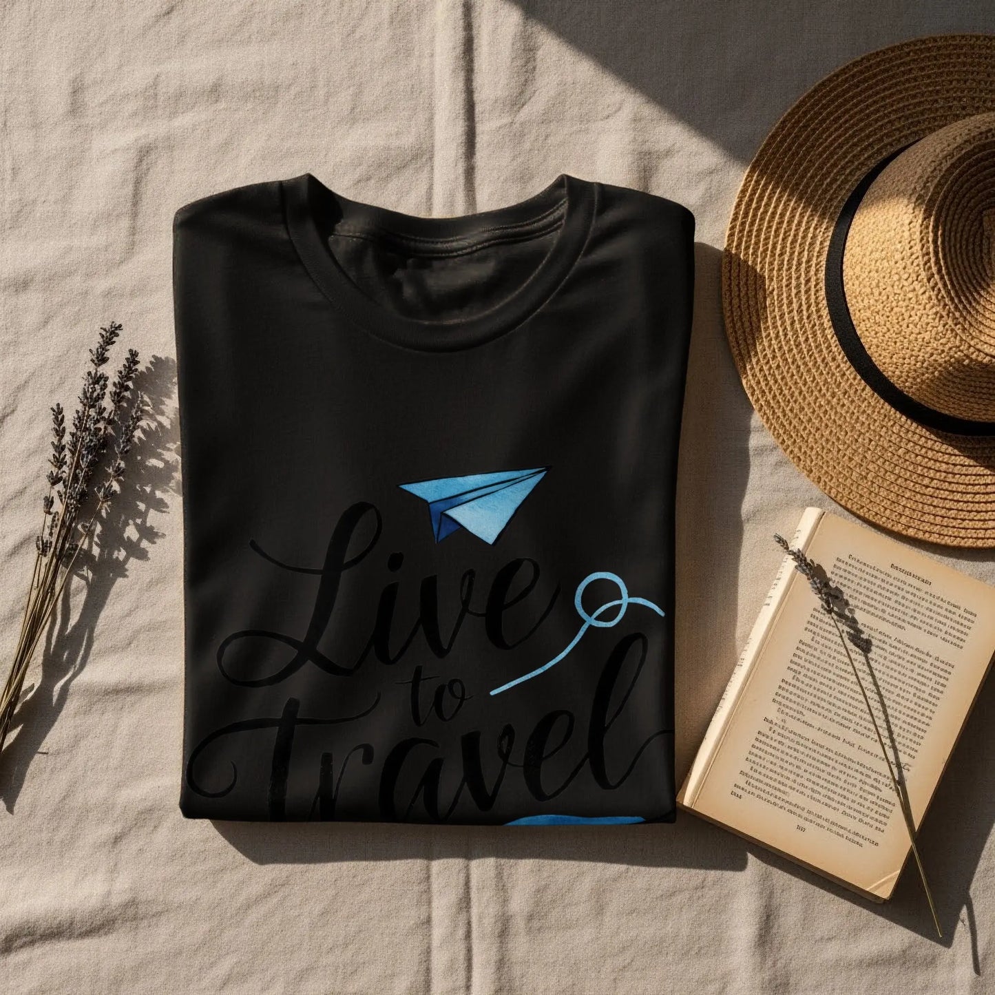 nspirational Travel T-Shirt: "Live to Travel" Paper Airplane Graphic