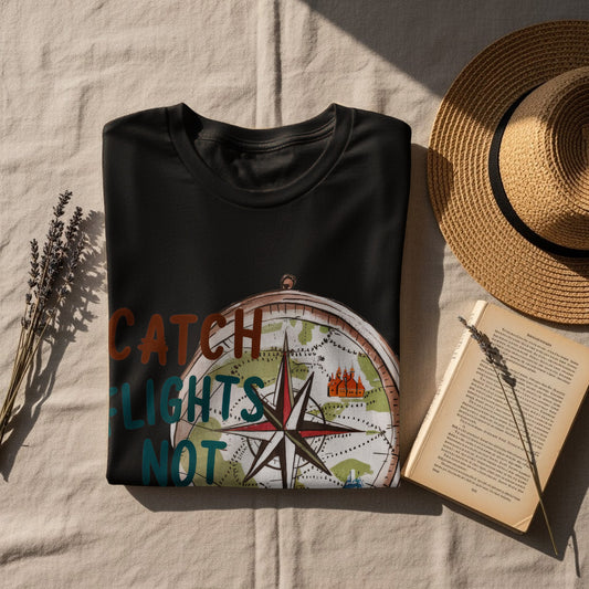 Sassy Traveler T-Shirt: "Catch Flights Not Feelings" Compass Design