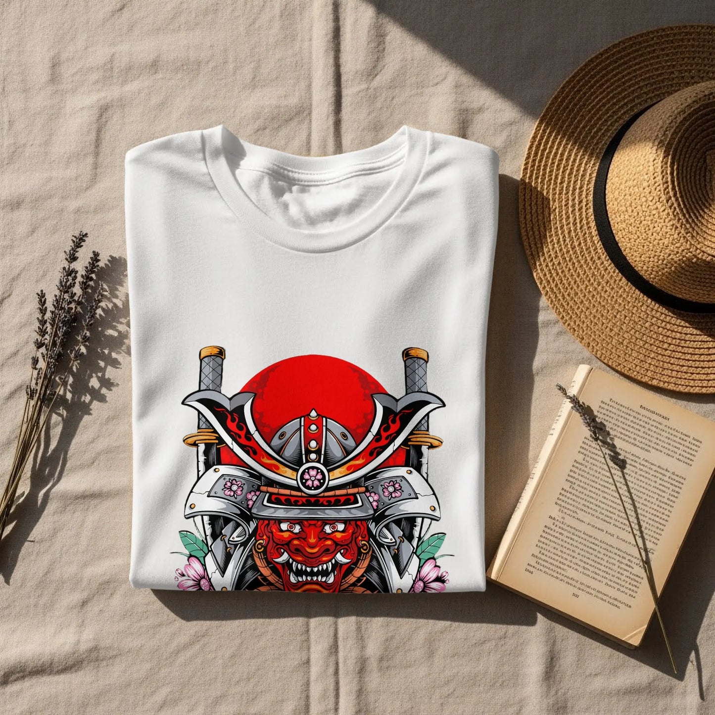 Samurai Mask with Swords and Cherry Blossoms Design T-Shirt Boofy