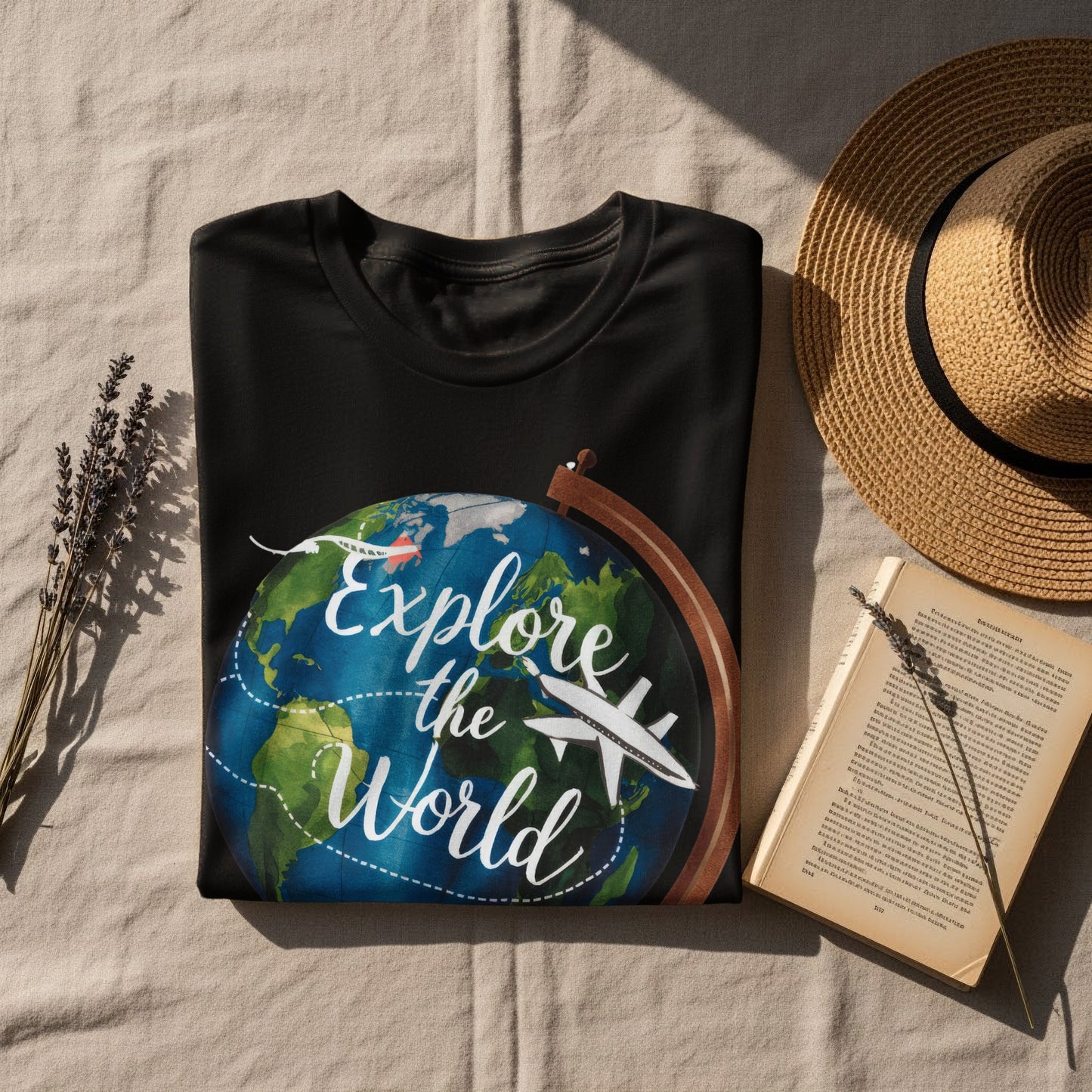 World Explore T-Shirt: Globe With a Plane Graphic Design