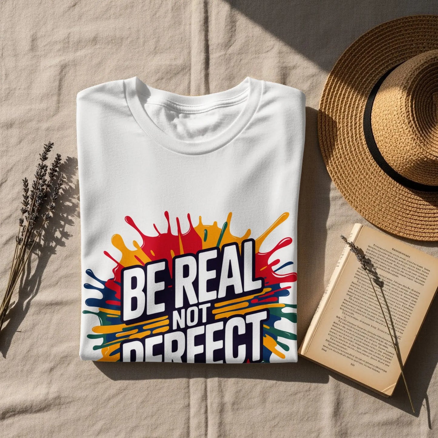 Motivational T-Shirt: "Be Real Not Perfect" Colorful Splash Design