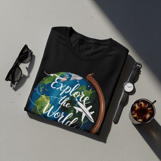 World Explore T-Shirt: Globe With a Plane Graphic Design