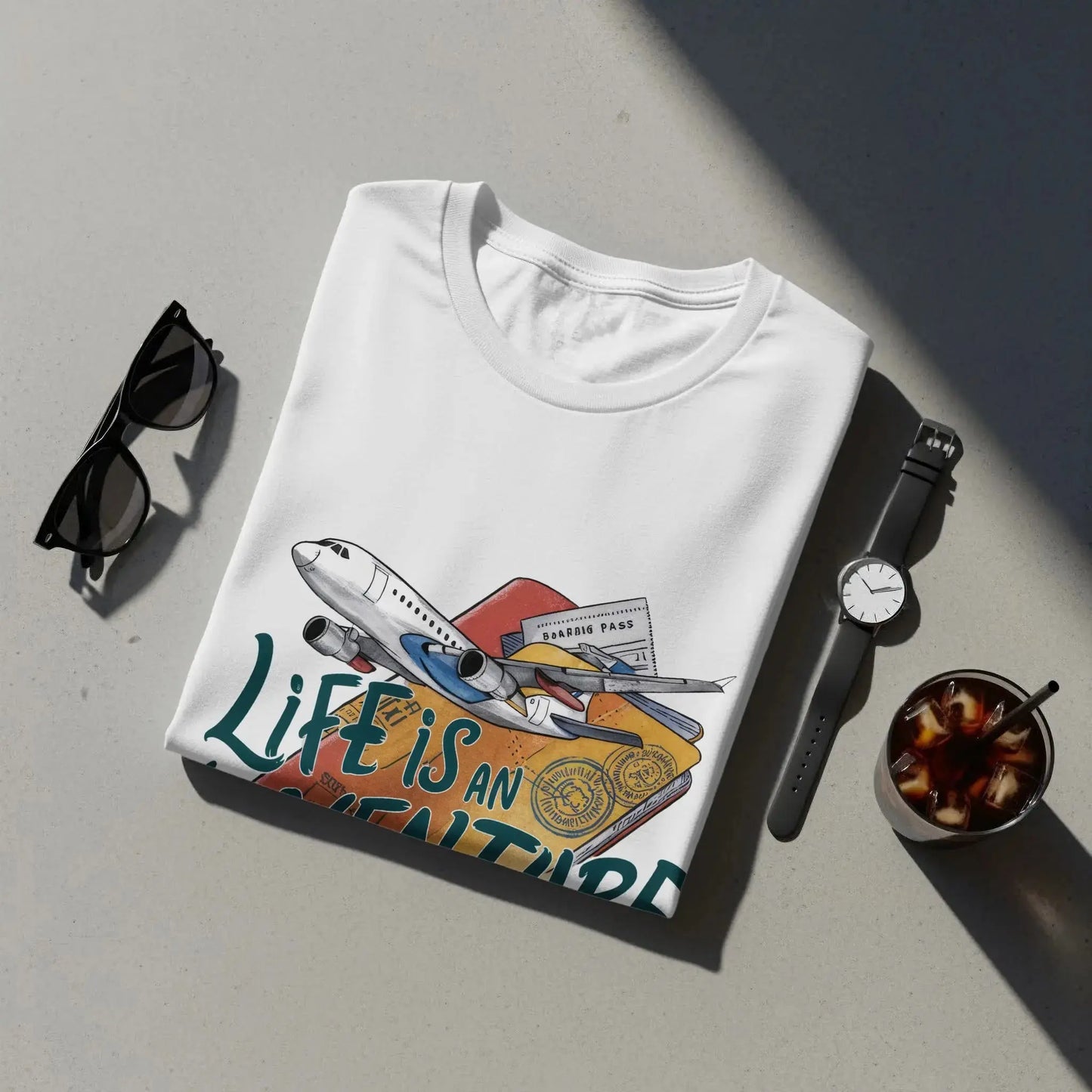Adventure T-Shirt: "Life Is an Adventure" Airplane Over Passport Design