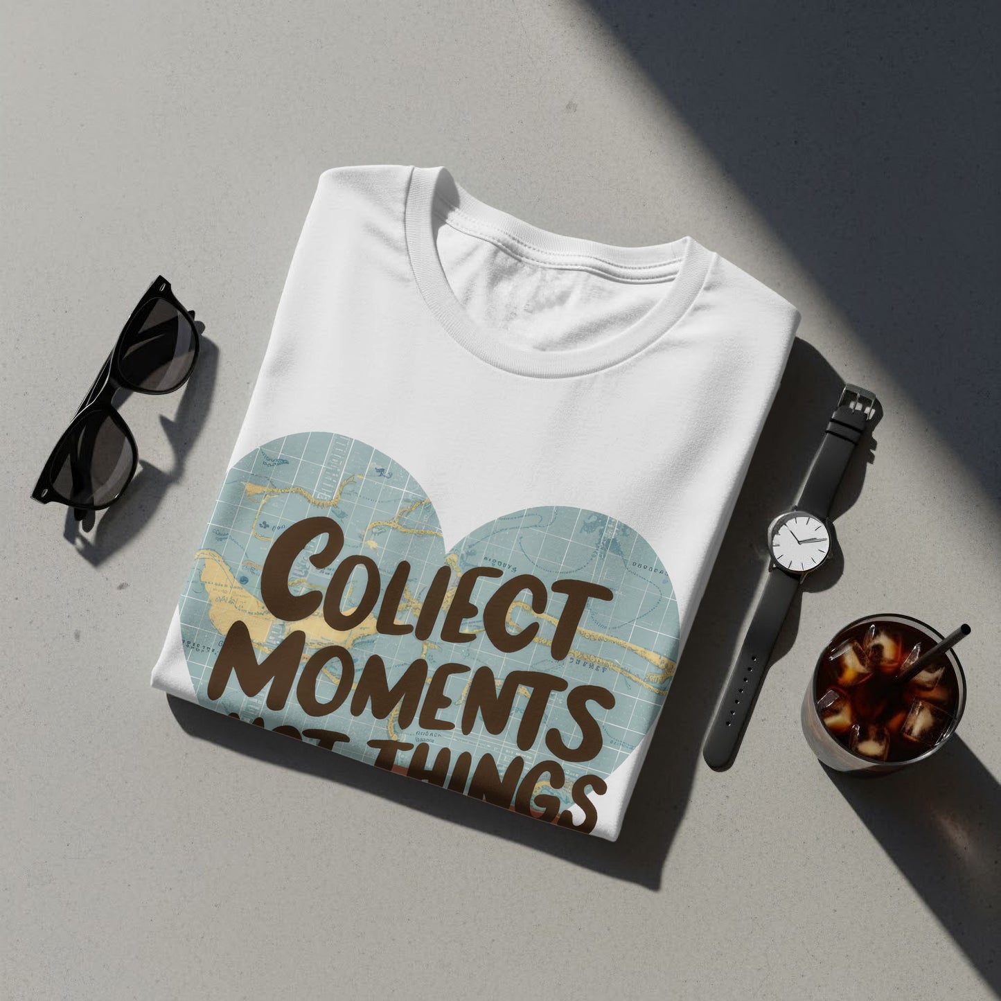 Motivational Travel T-Shirt: "Collect Moments Not Things" Suitcase Map