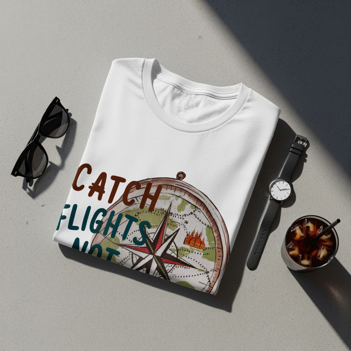 Sassy Traveler T-Shirt: "Catch Flights Not Feelings" Compass Design