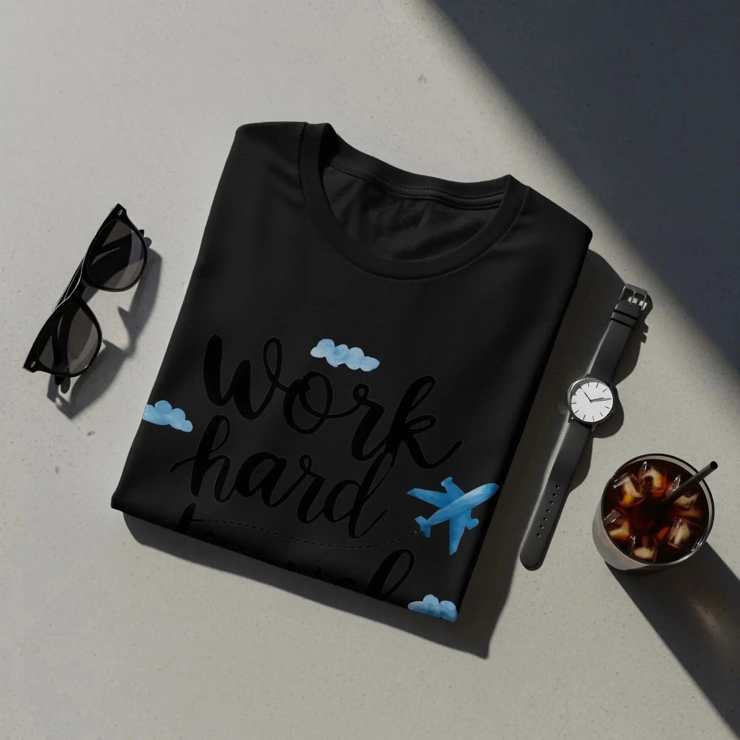 Wanderlust T-Shirt: "Work Hard Travel Harder" Airplane Clouds Tee