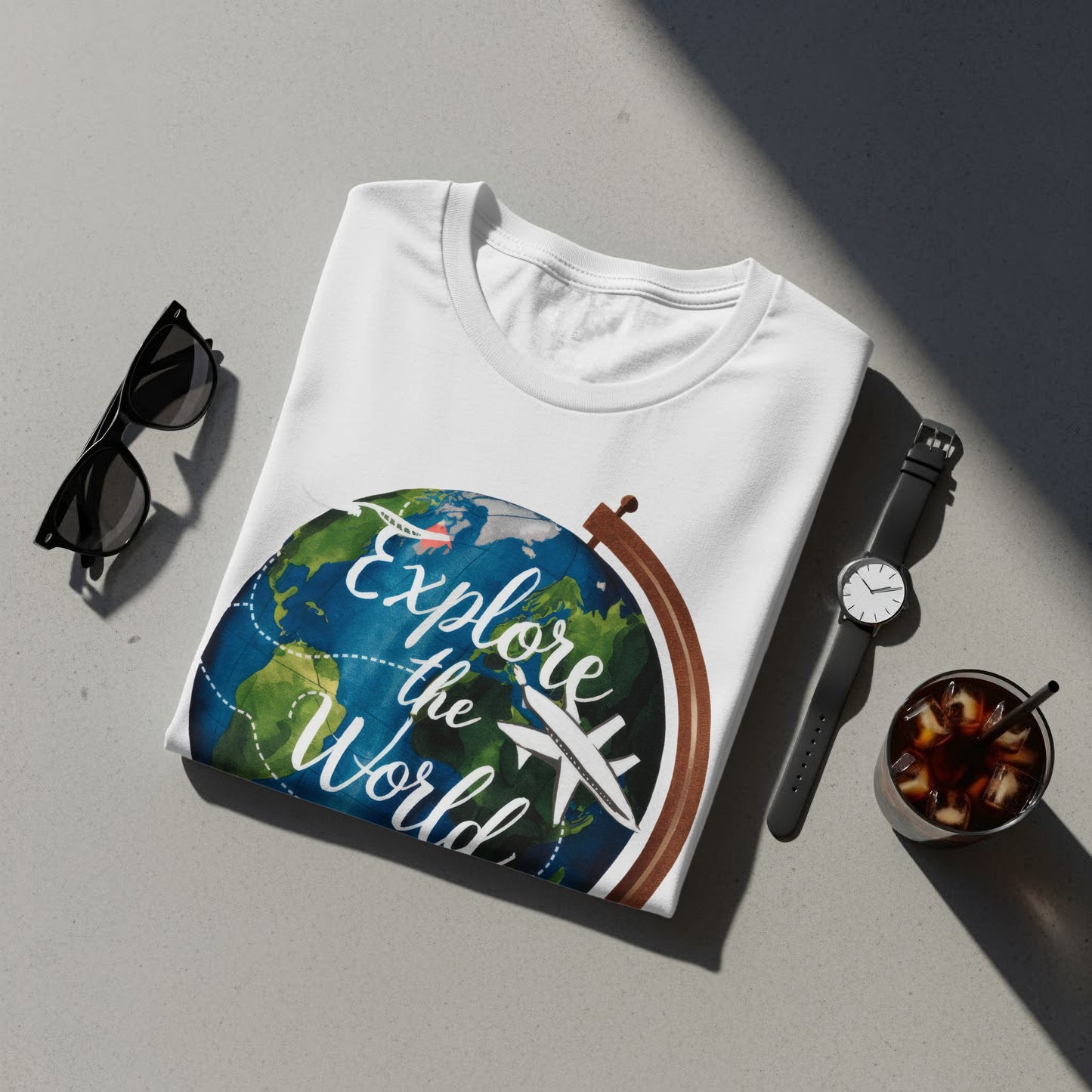 World Explore T-Shirt: Globe With a Plane Graphic Design