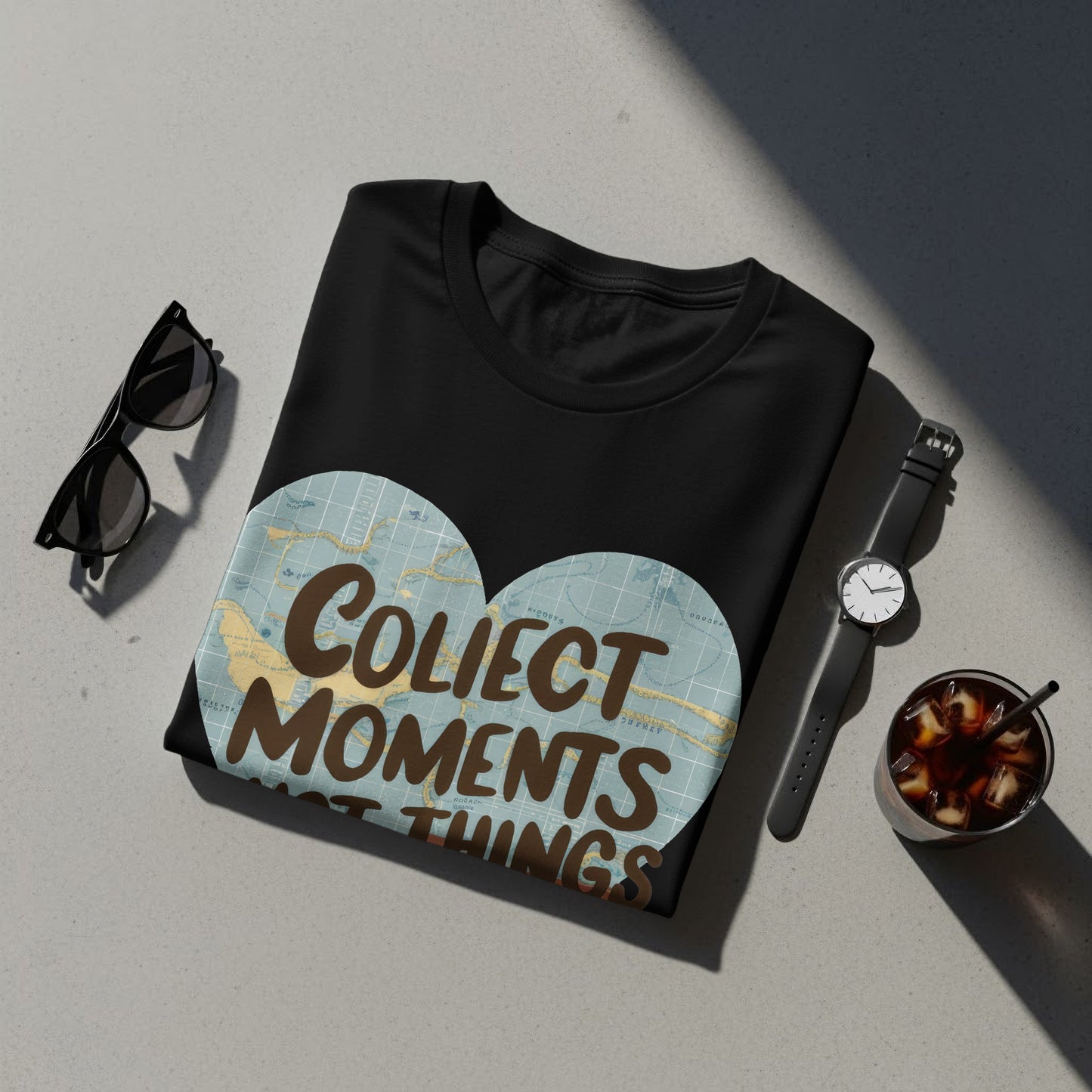 Motivational Travel T-Shirt: "Collect Moments Not Things" Suitcase Map