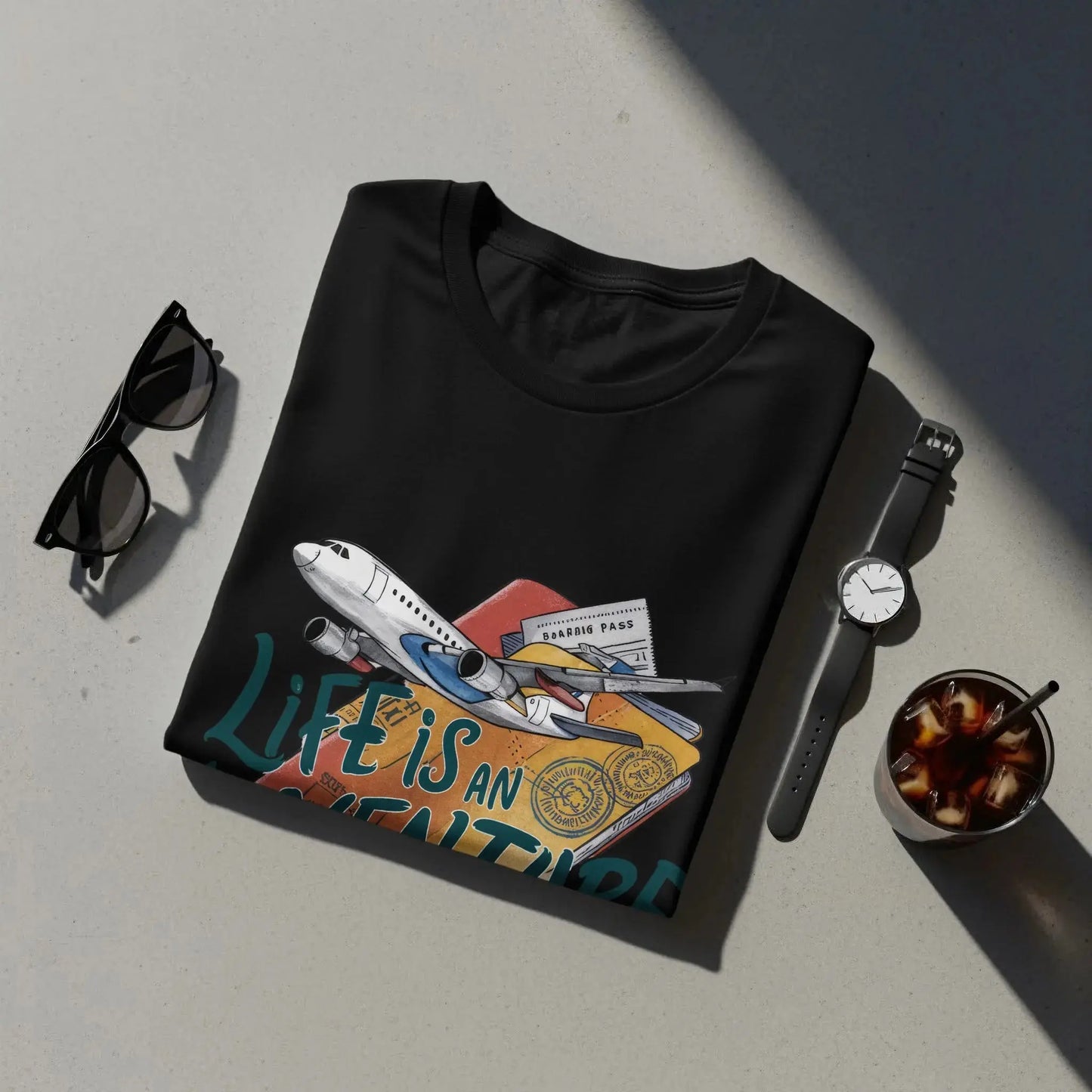Adventure T-Shirt: "Life Is an Adventure" Airplane Over Passport Design