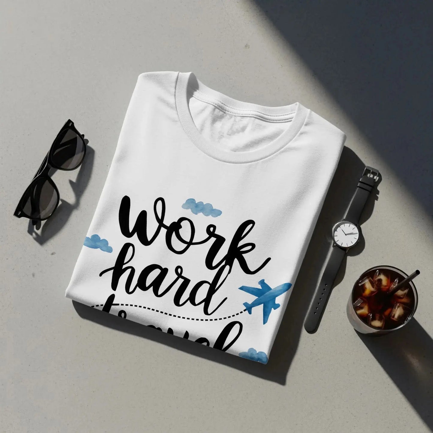 Wanderlust T-Shirt: "Work Hard Travel Harder" Airplane Clouds Tee