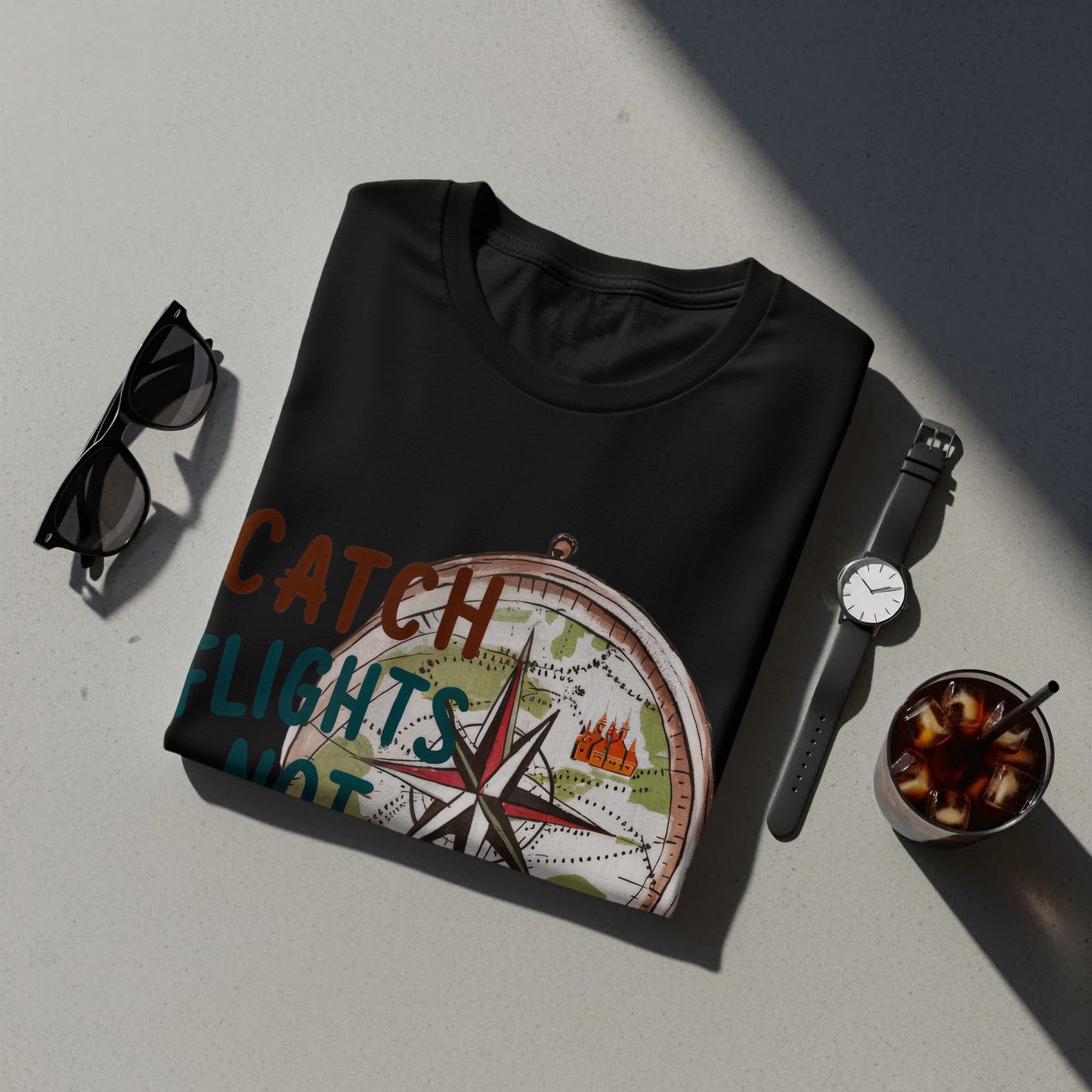 Sassy Traveler T-Shirt: "Catch Flights Not Feelings" Compass Design