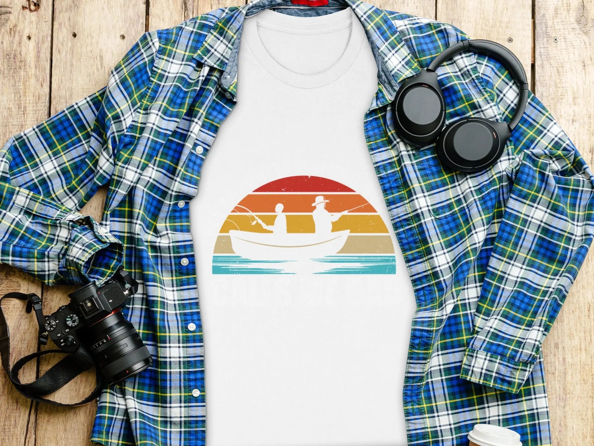 Retro Fishing Boat and Sunset Graphic T-Shirt Boofy