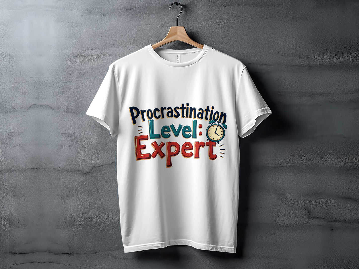 Funny Lifestyle T-Shirt: "Procrastination Level Expert" Alarm Clock Design