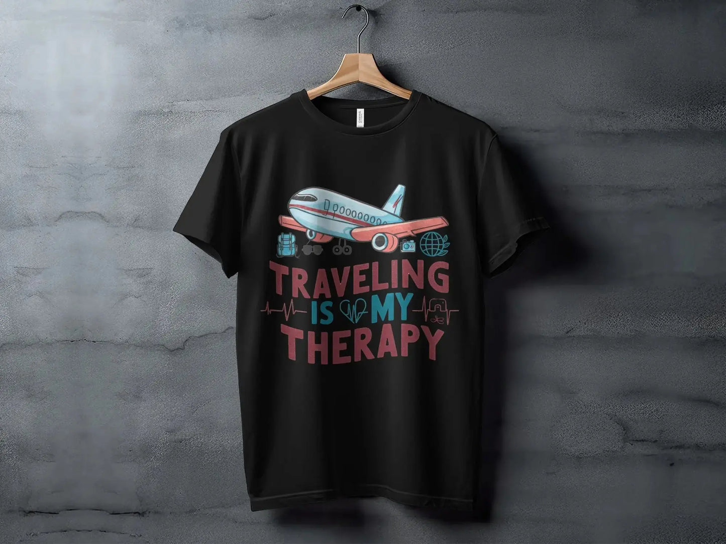 Funny Tourist T-Shirt: "Traveling Is My Therapy" Airplane Graphi