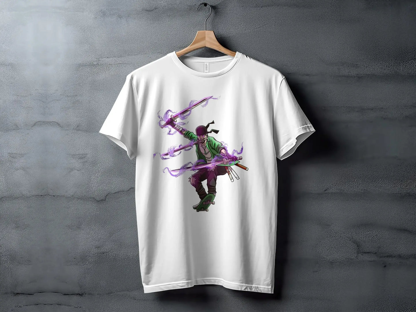 Zoro Three Swords Style on Skateboard with Purple Aura T-Shirt Boofy
