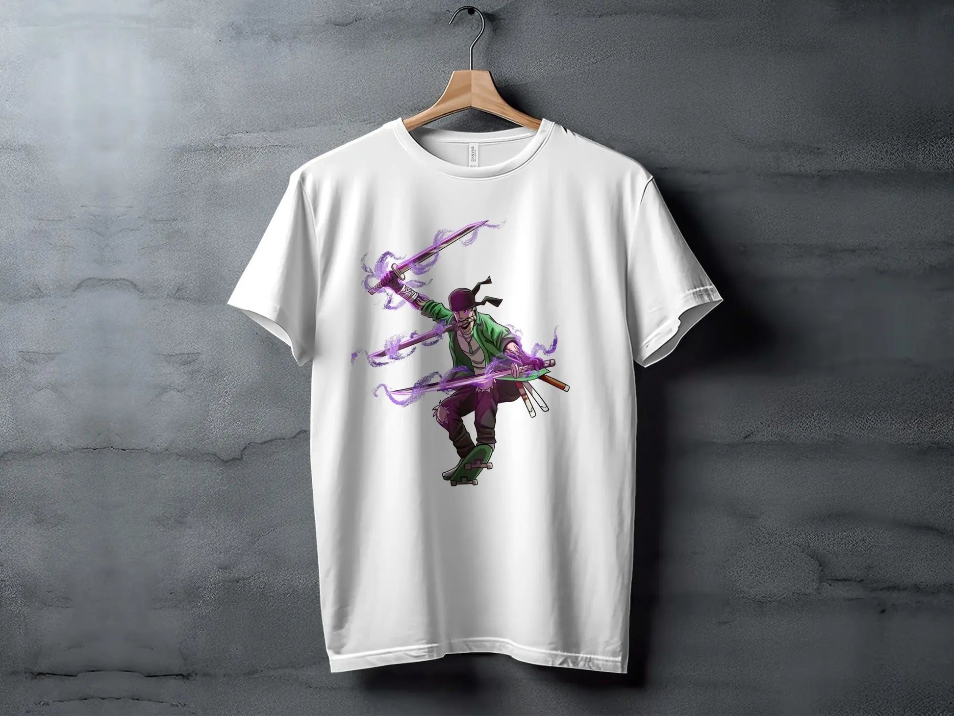 Zoro Three Swords Style on Skateboard with Purple Aura T-Shirt Boofy