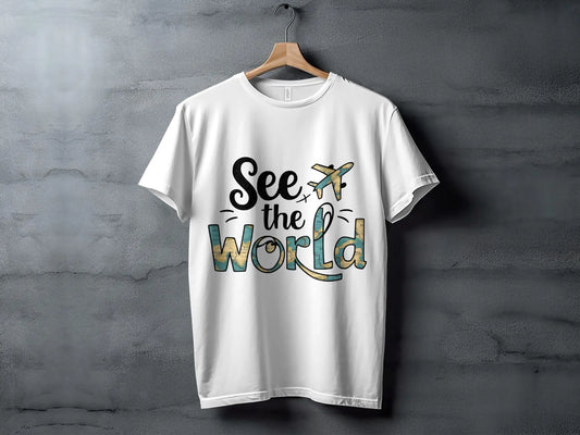 World Traveler T-Shirt: "See the World" Plane World Map Filled Tee