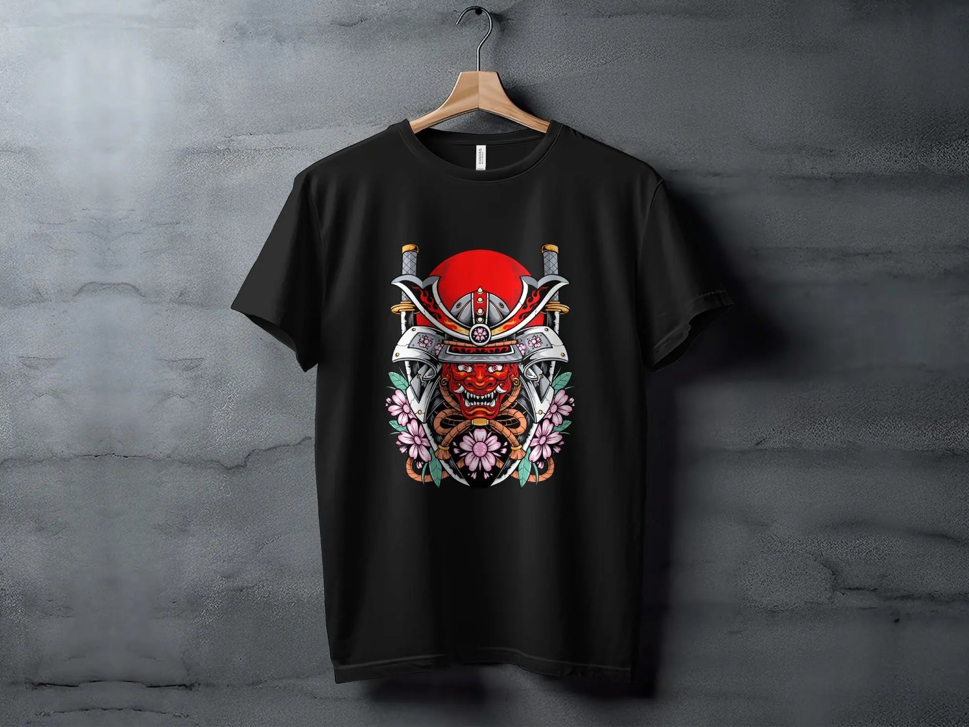 Samurai Mask with Swords and Cherry Blossoms Design T-Shirt Boofy