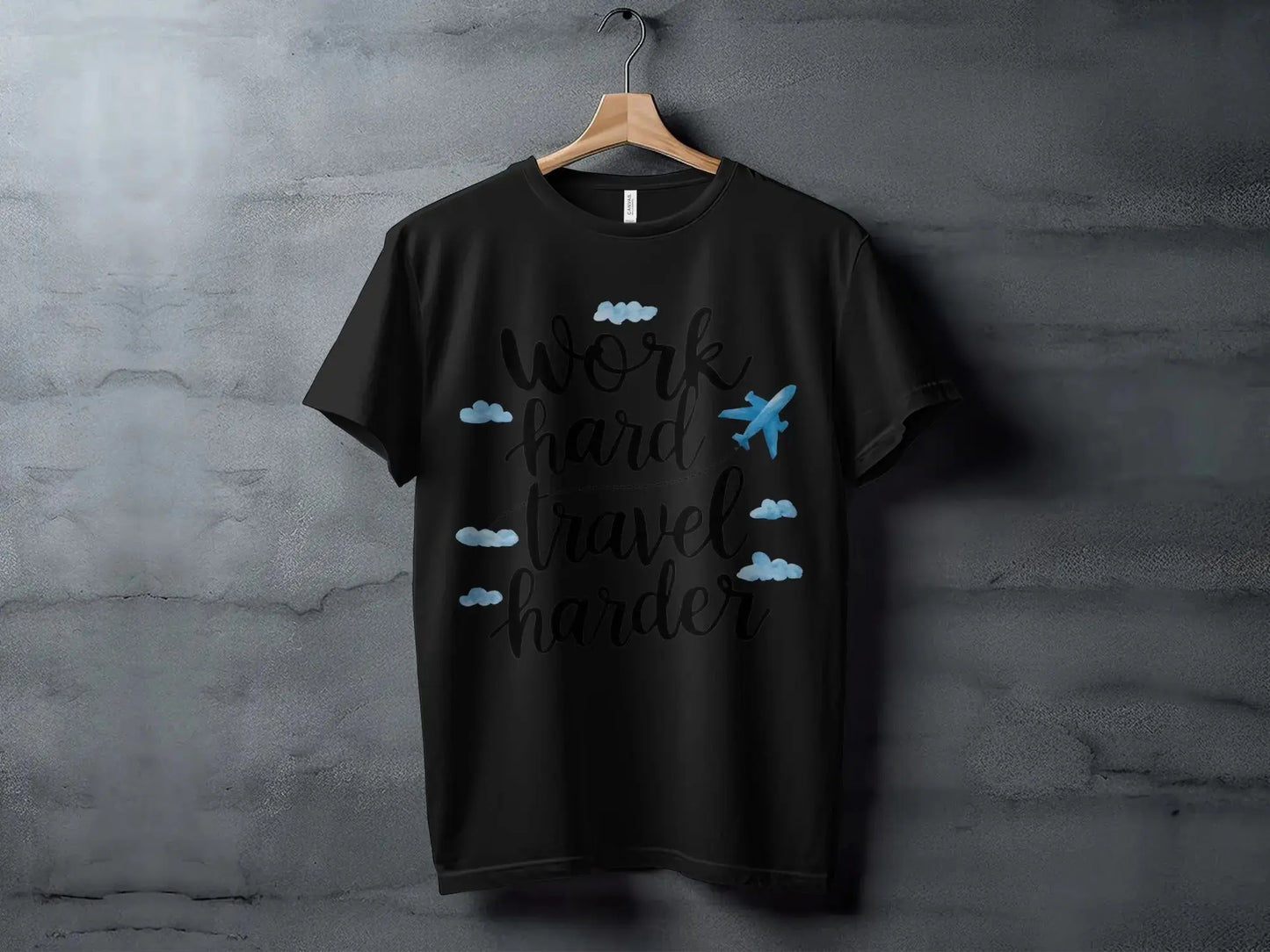 Wanderlust T-Shirt: "Work Hard Travel Harder" Airplane Clouds Tee