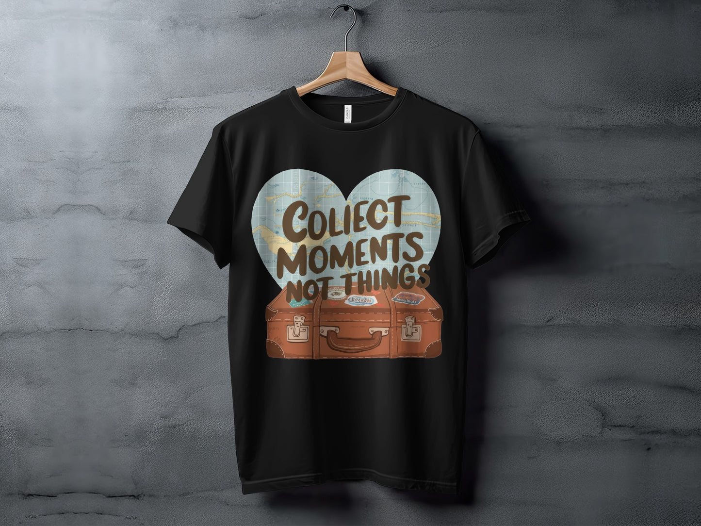 Motivational Travel T-Shirt: "Collect Moments Not Things" Suitcase Map