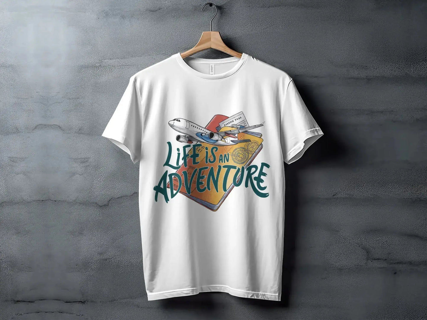 Adventure T-Shirt: "Life Is an Adventure" Airplane Over Passport Design