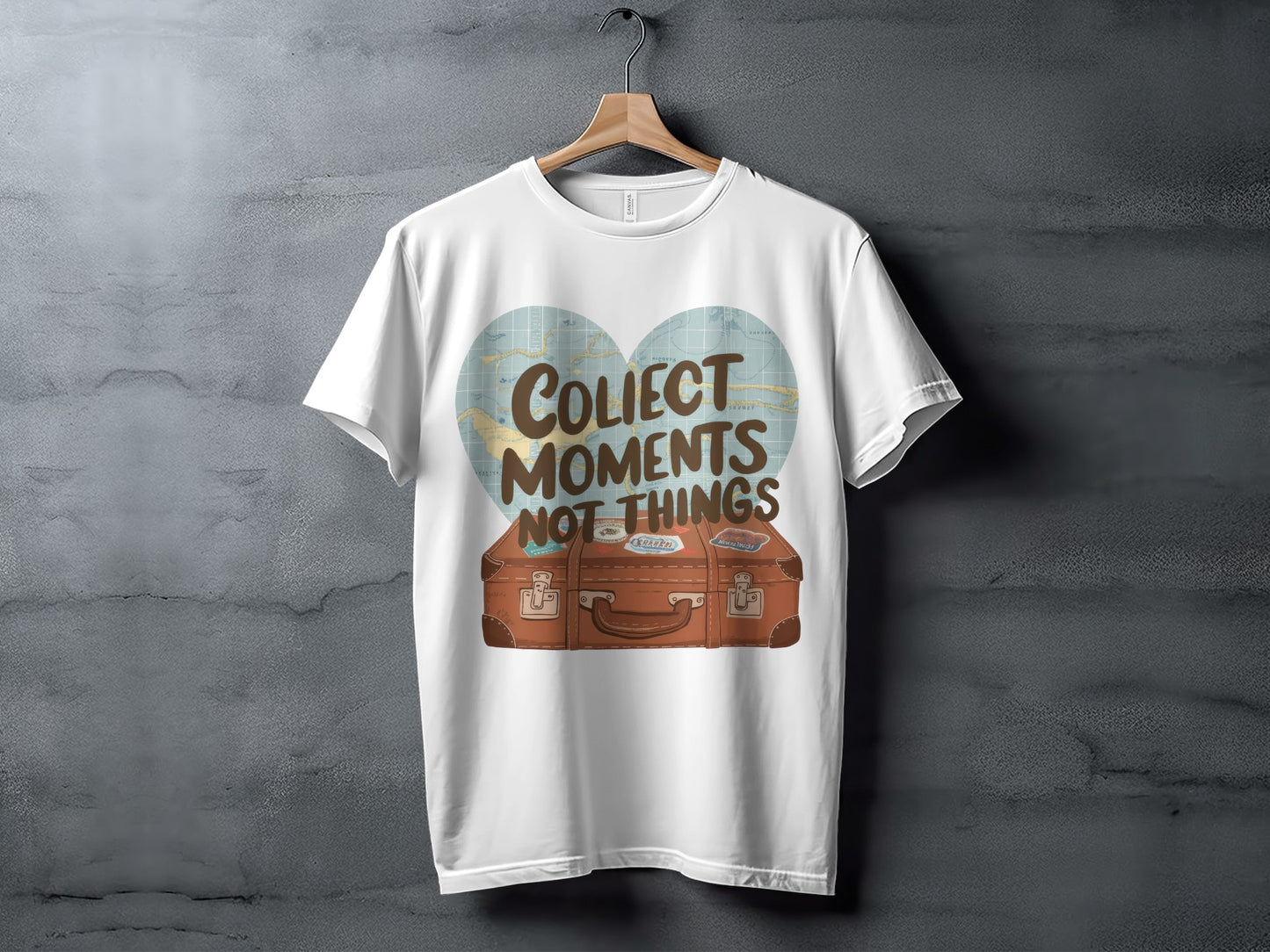 Motivational Travel T-Shirt: "Collect Moments Not Things" Suitcase Map
