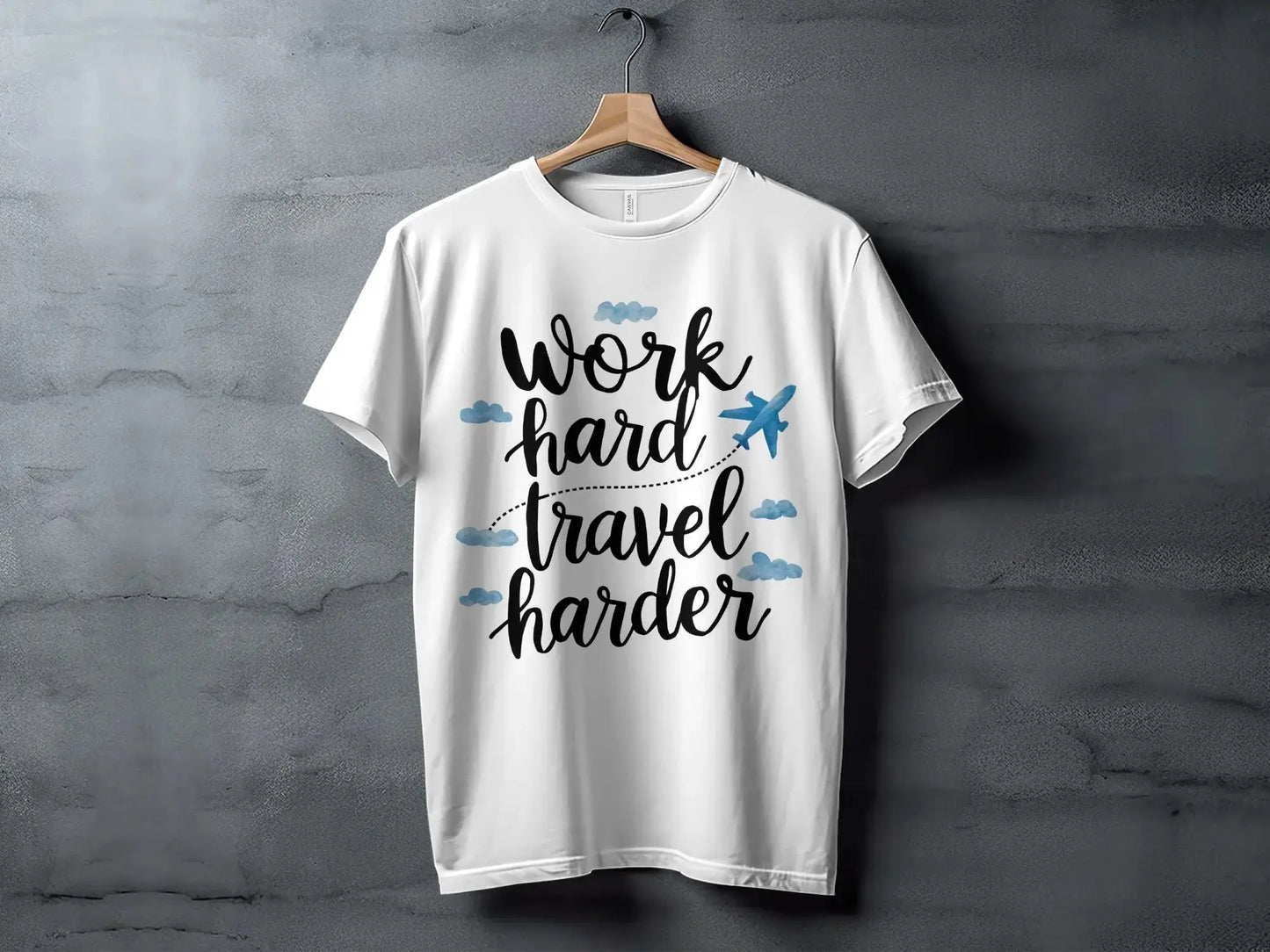 Wanderlust T-Shirt: "Work Hard Travel Harder" Airplane Clouds Tee