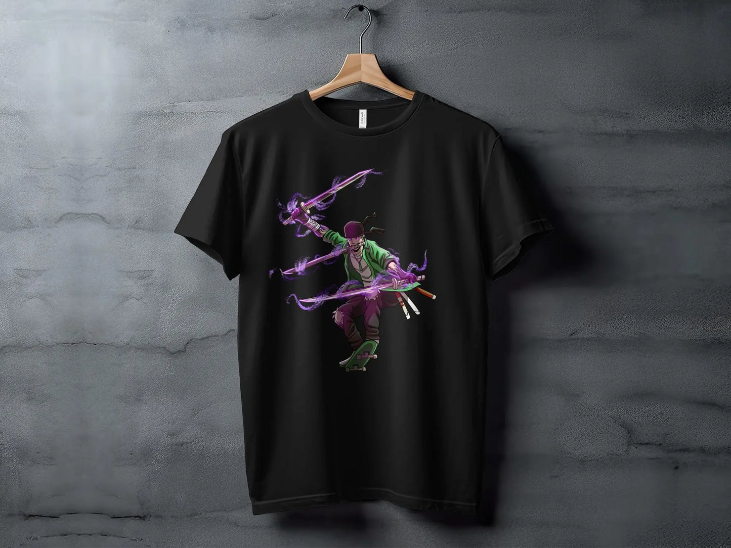 Zoro Three Swords Style on Skateboard with Purple Aura T-Shirt Boofy