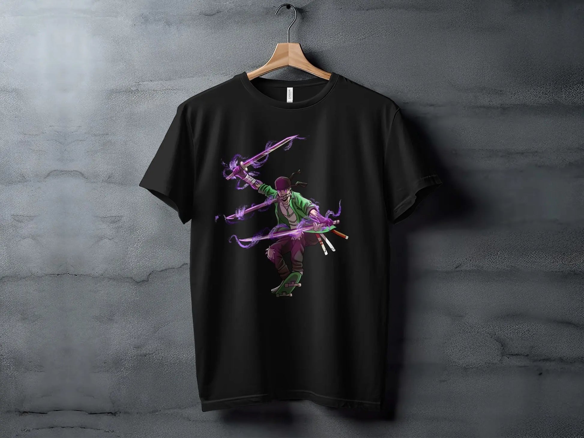 Zoro Three Swords Style on Skateboard with Purple Aura T-Shirt Boofy
