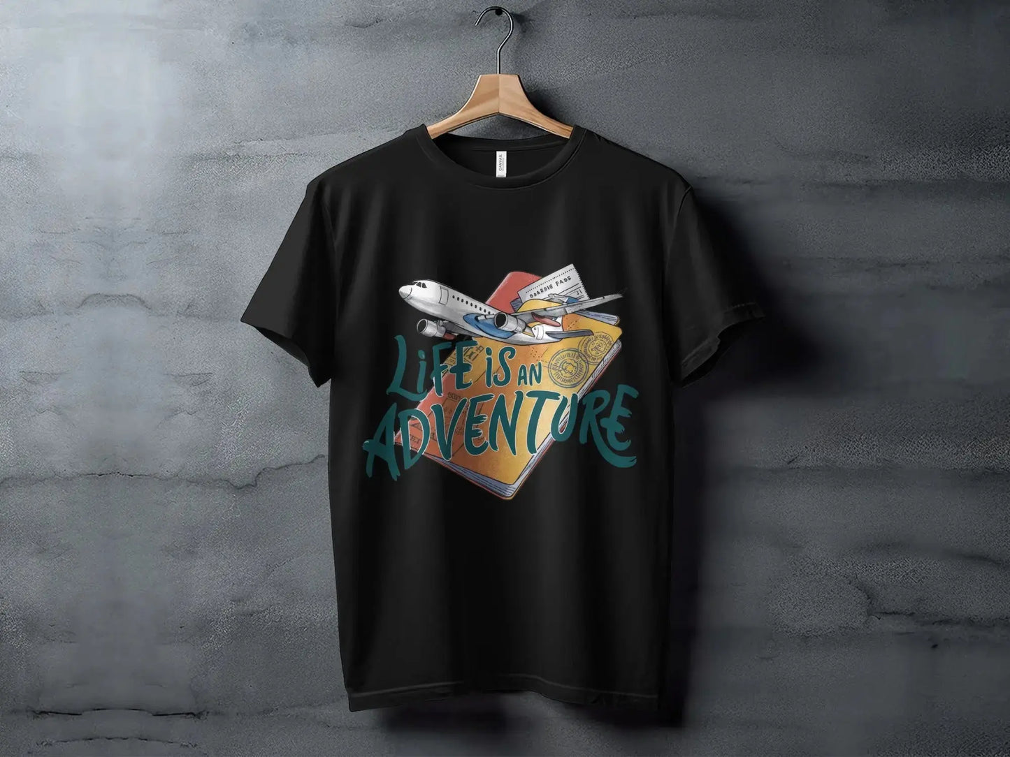 Adventure T-Shirt: "Life Is an Adventure" Airplane Over Passport Design