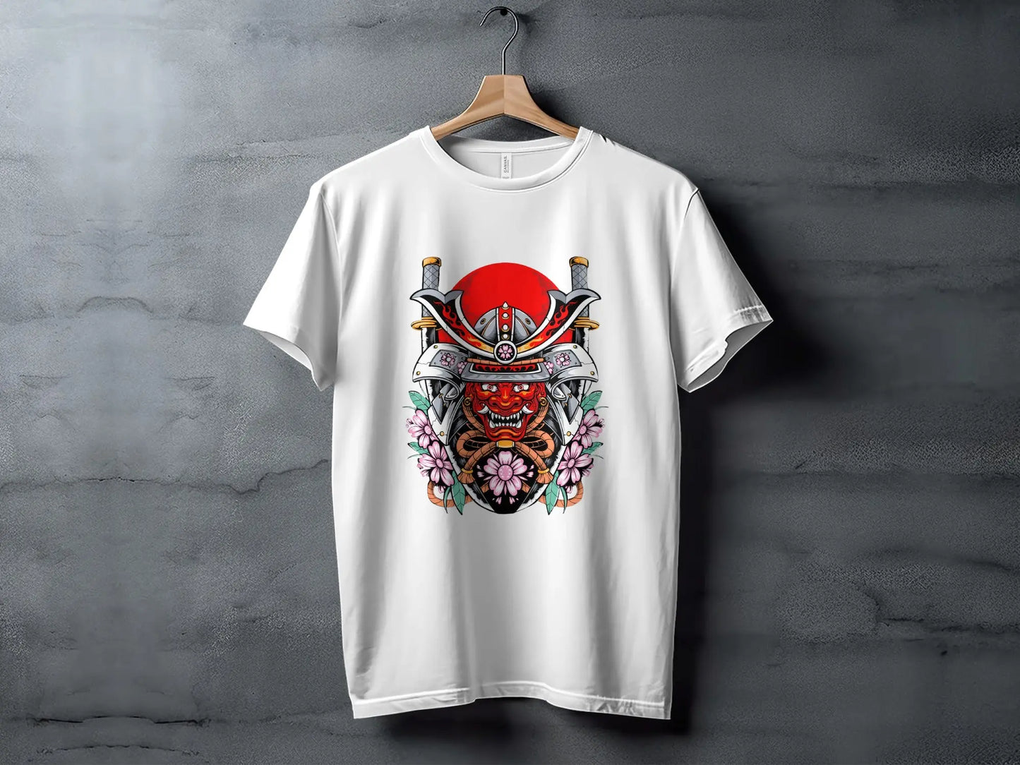 Samurai Mask with Swords and Cherry Blossoms Design T-Shirt Boofy