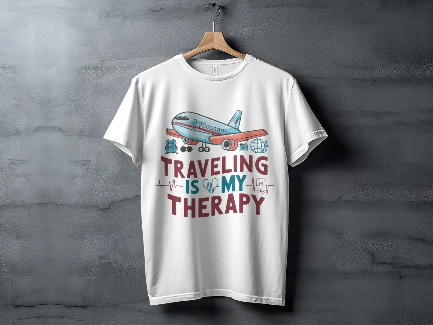 Funny Tourist T-Shirt: "Traveling Is My Therapy" Airplane Graphi