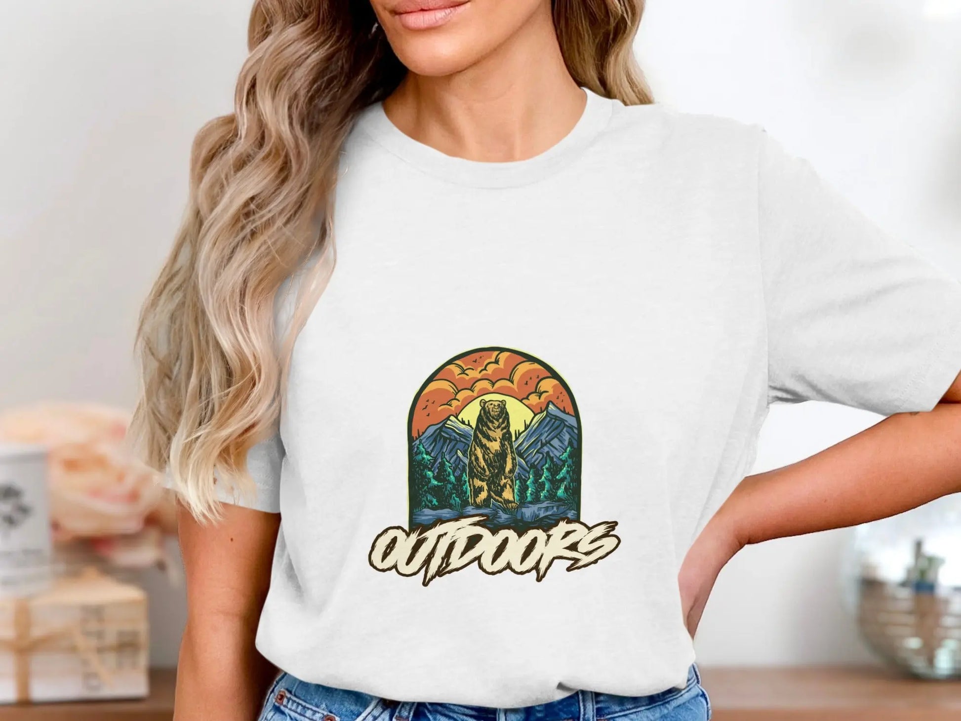 Bear Graphic with Mountains Outdoors Unisex T-Shirts My Store