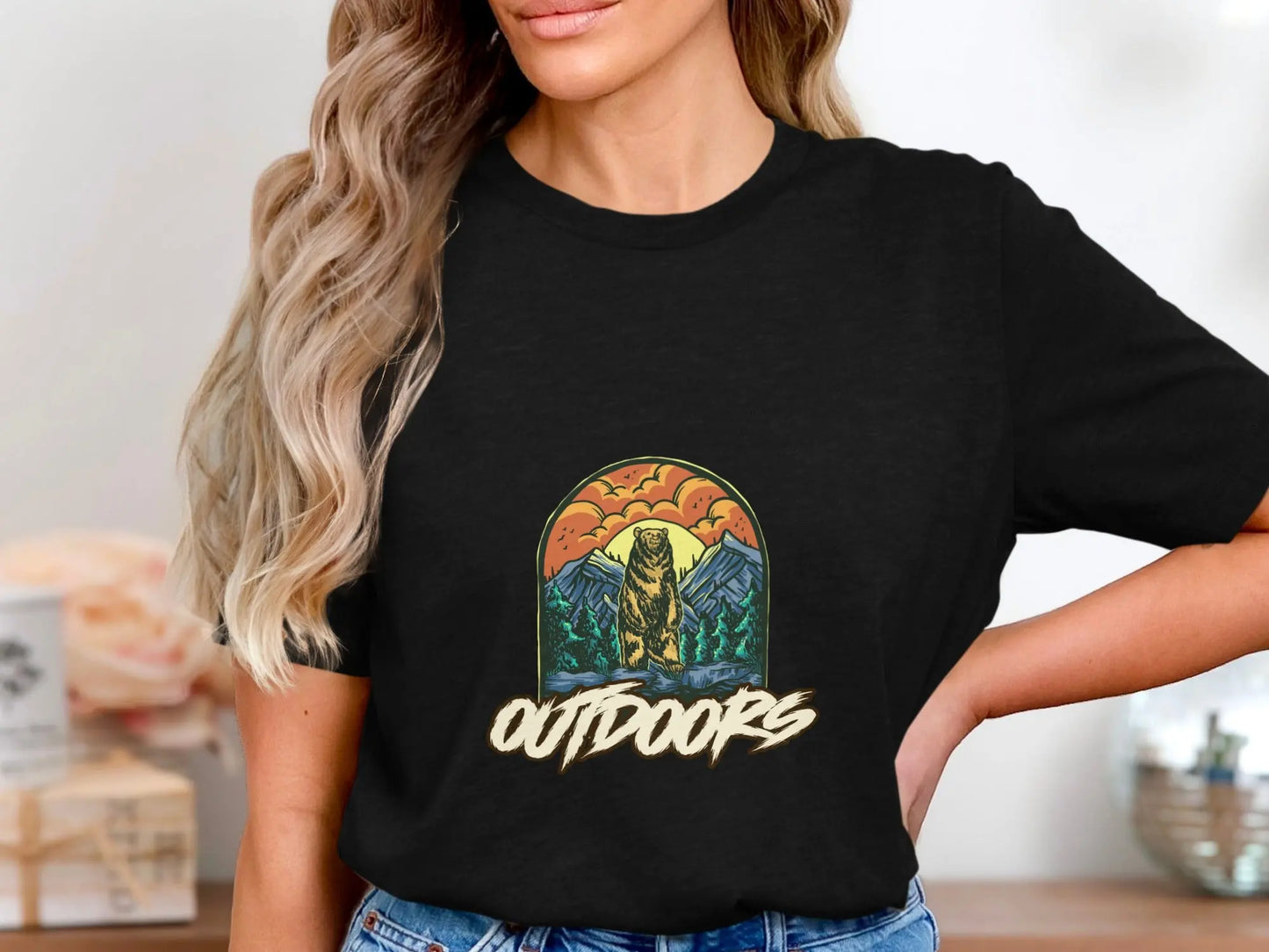 Bear Graphic with Mountains Outdoors Unisex T-Shirts My Store