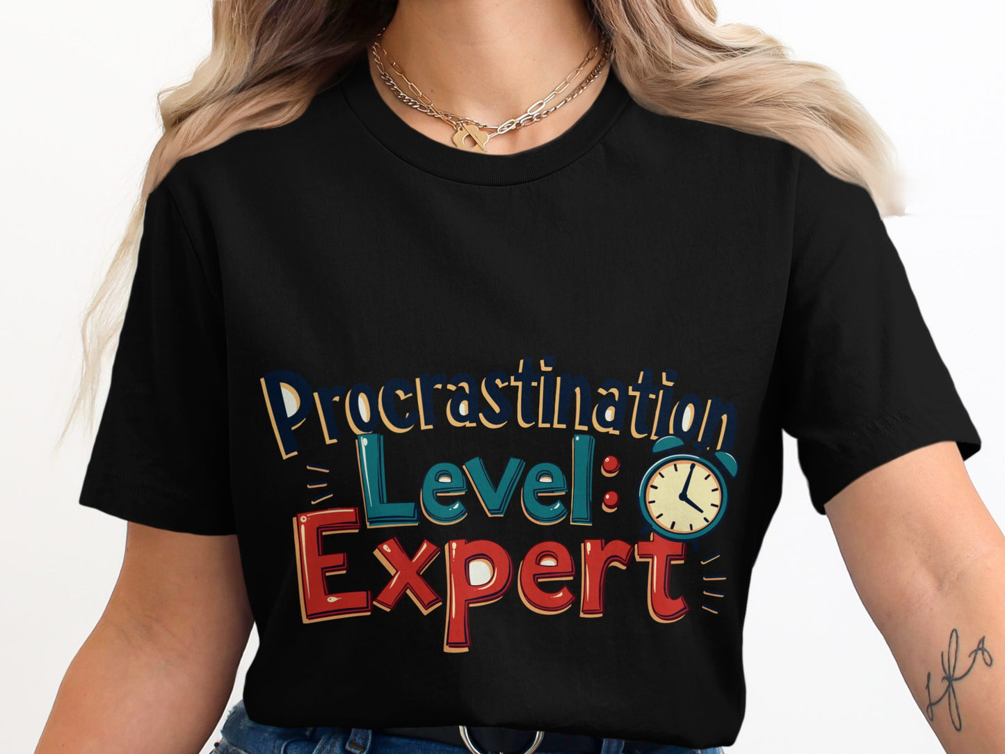Funny Lifestyle T-Shirt: "Procrastination Level Expert" Alarm Clock Design