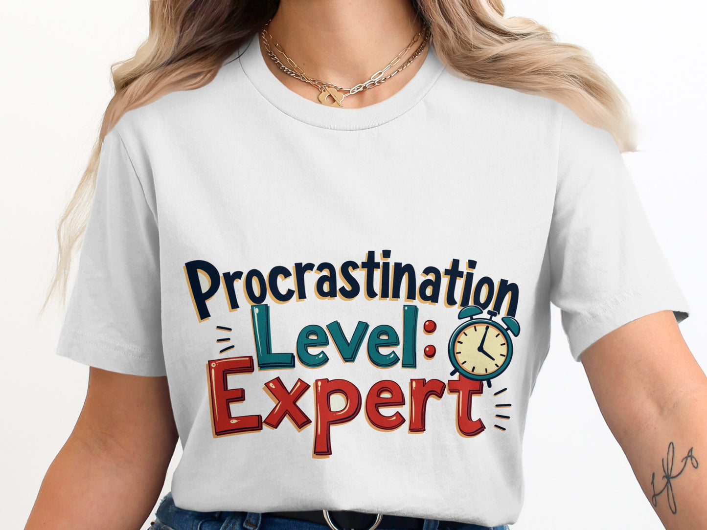 Funny Lifestyle T-Shirt: "Procrastination Level Expert" Alarm Clock Design