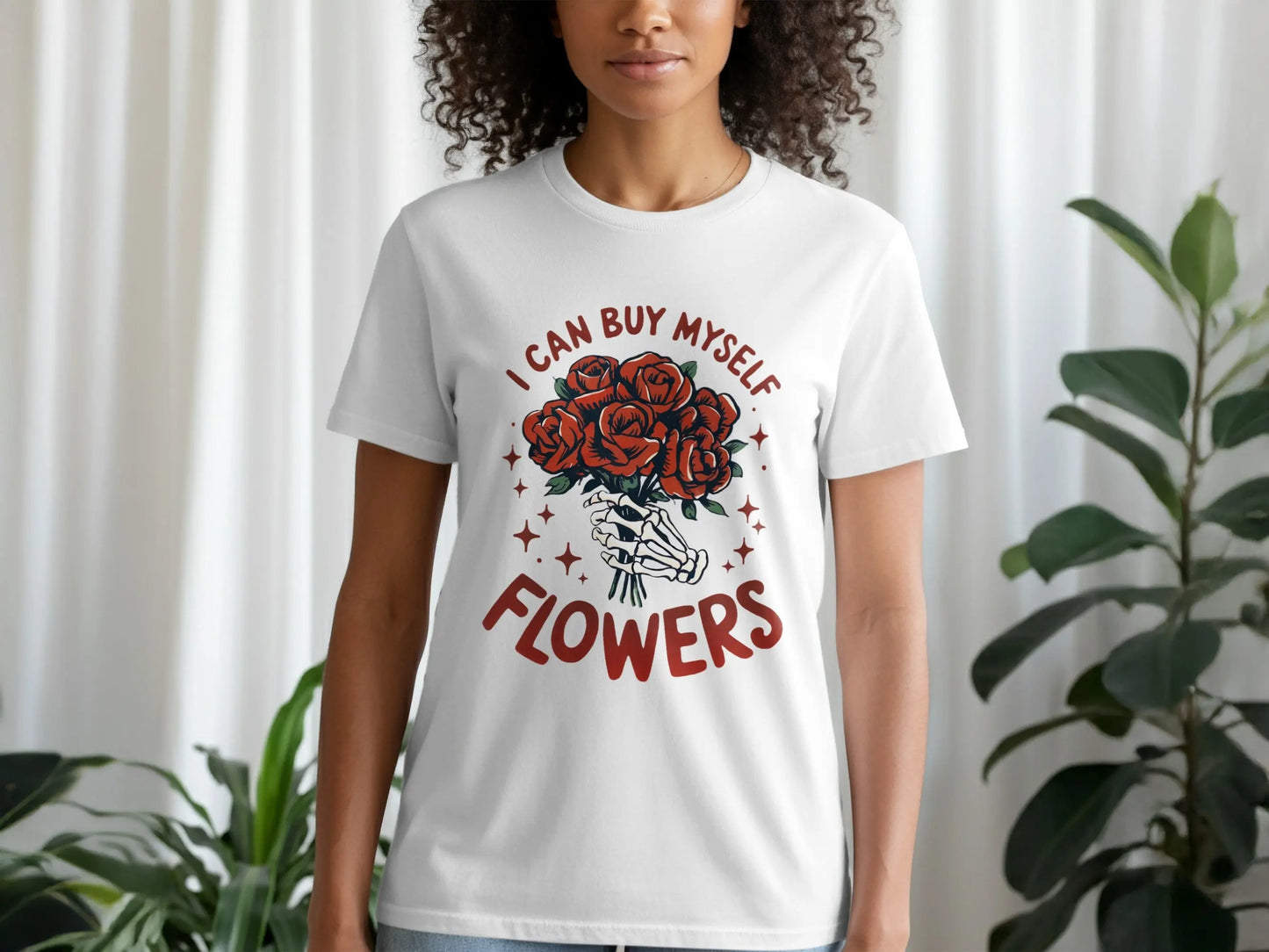 "I Can Buy Myself Flowers" Bouquet In Hand Skeleton T-Shirts Boofy