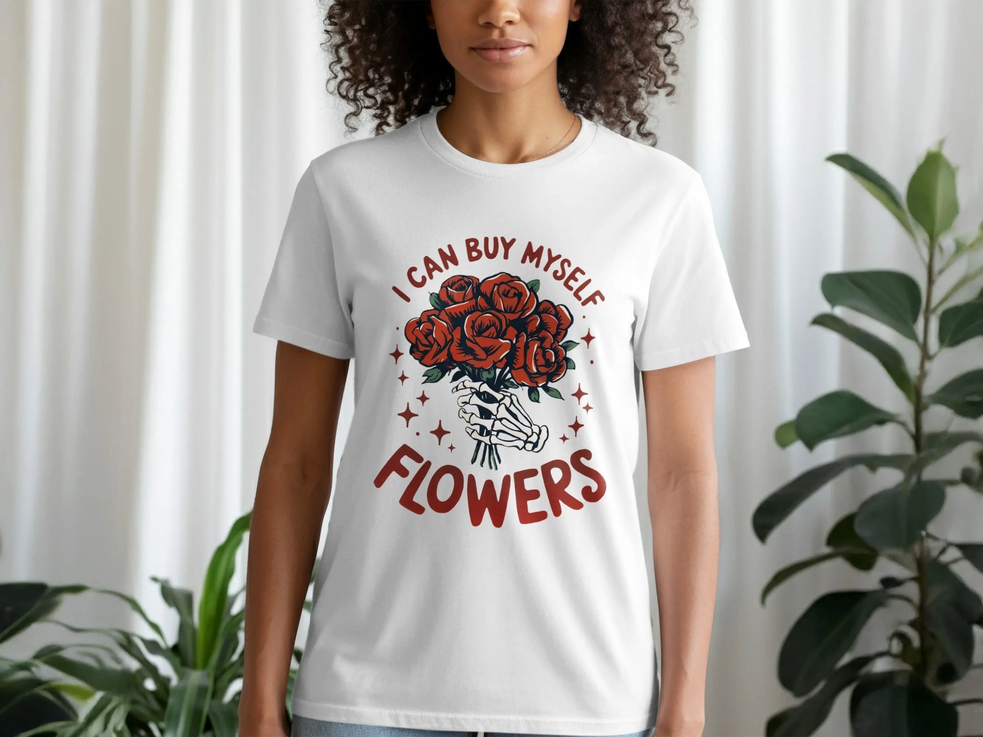 "I Can Buy Myself Flowers" Bouquet In Hand Skeleton T-Shirts Boofy