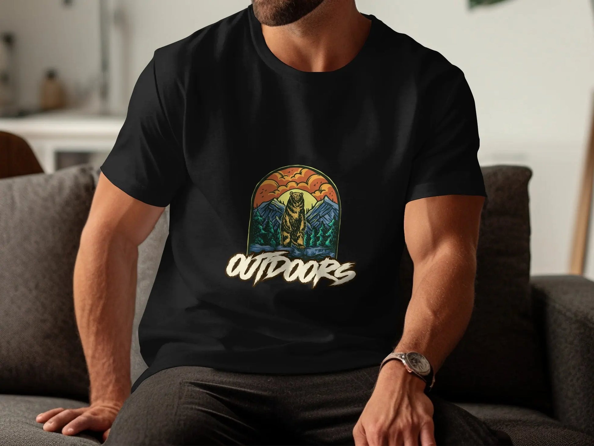 Bear Graphic with Mountains Outdoors Unisex T-Shirts My Store