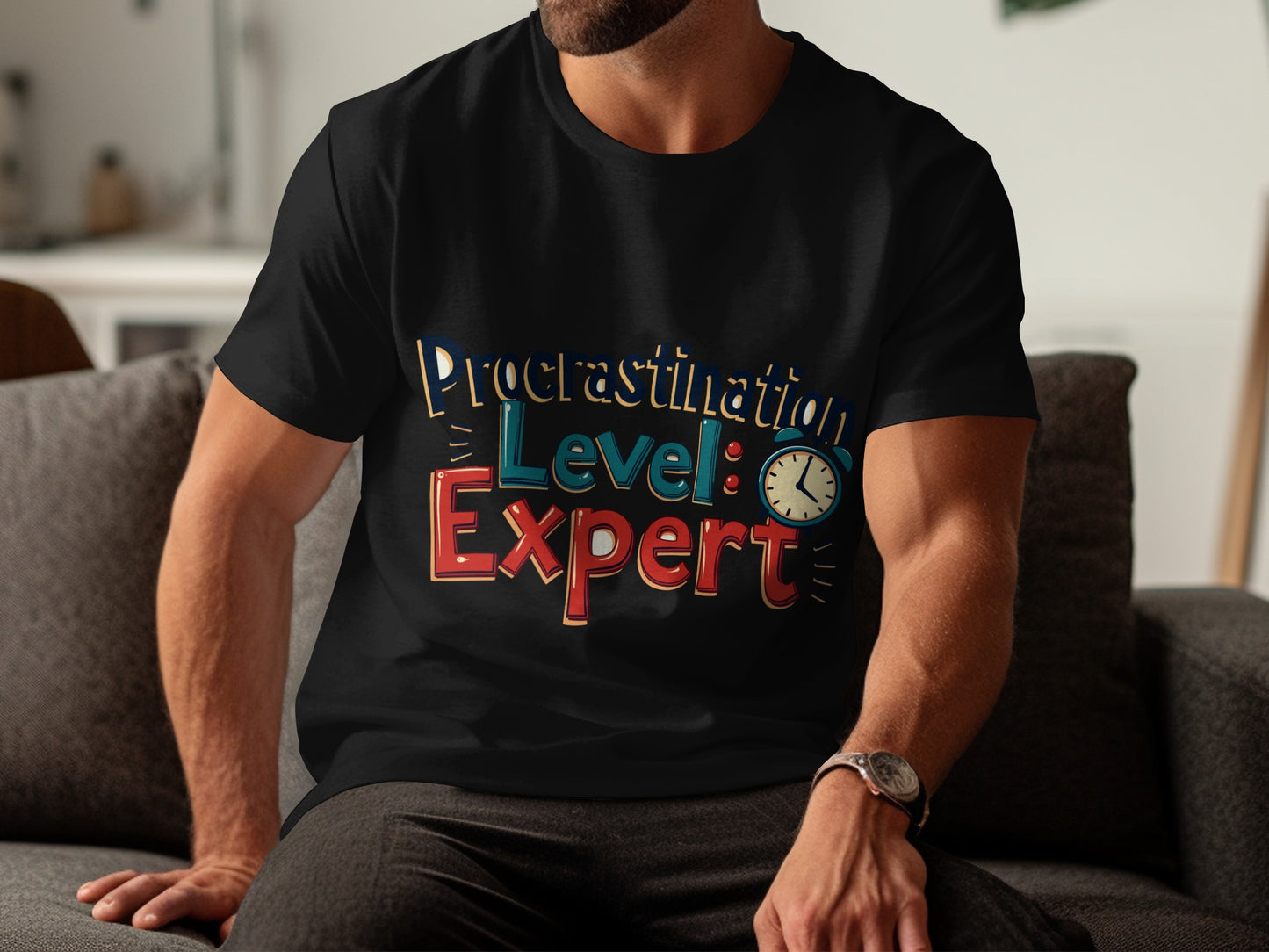 Funny Lifestyle T-Shirt: "Procrastination Level Expert" Alarm Clock Design
