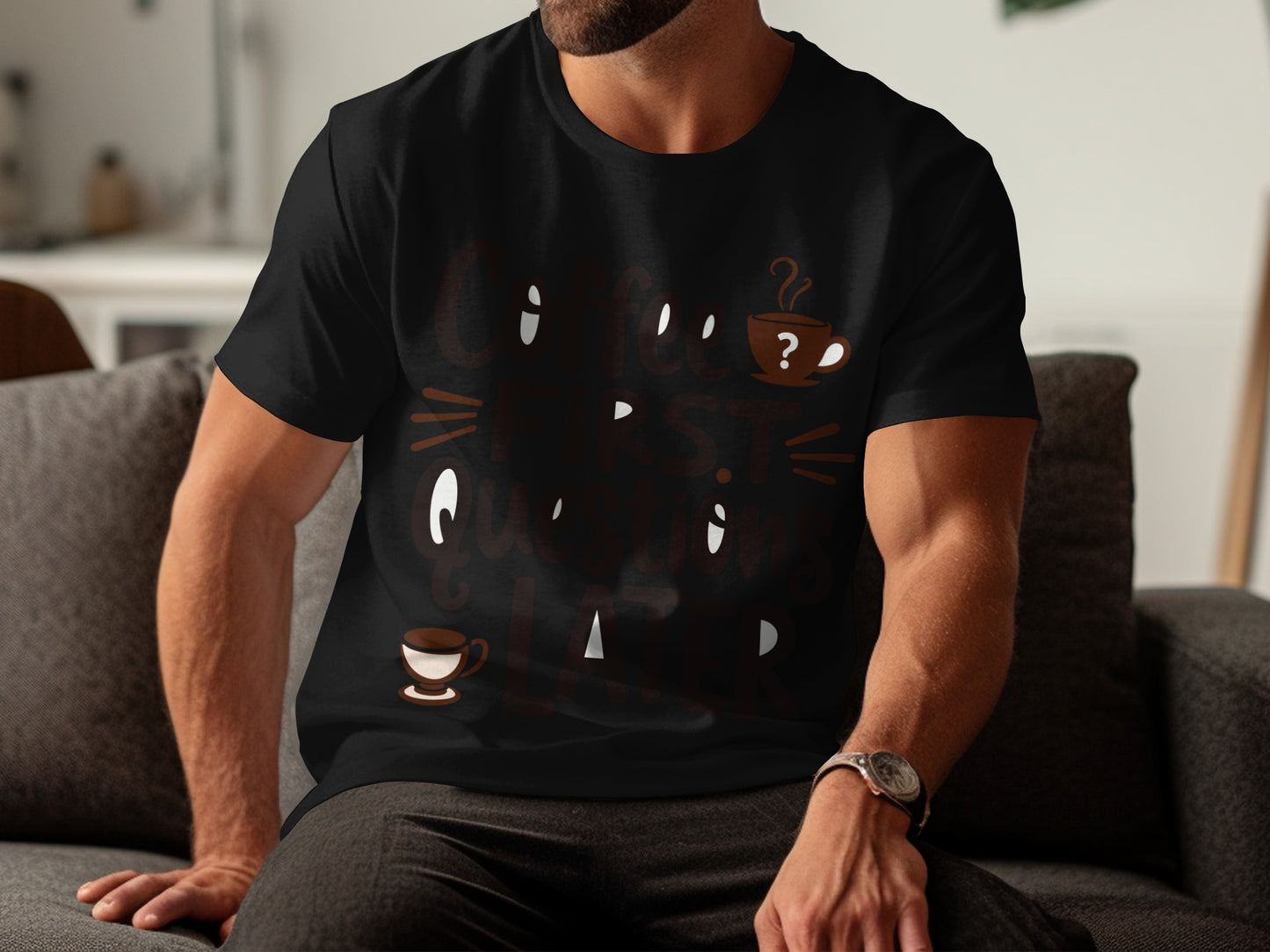 Coffee Lover T-Shirt: "Coffee First Questions Later" Graphic Design