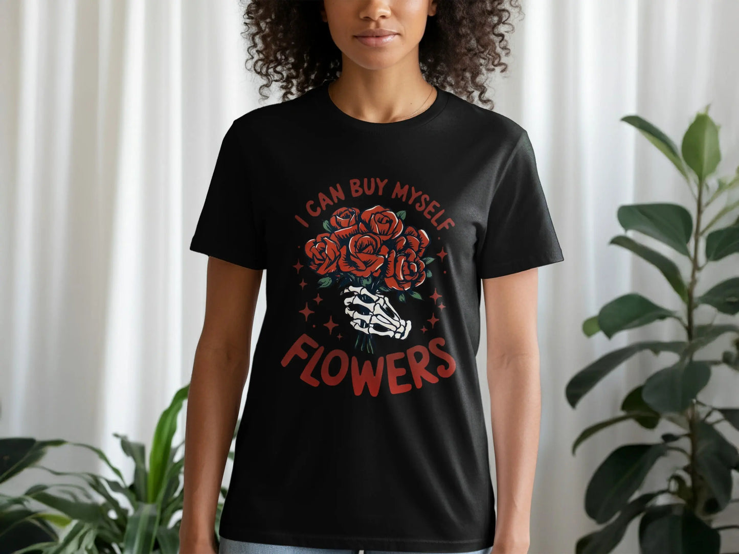 "I Can Buy Myself Flowers" Bouquet In Hand Skeleton T-Shirts Boofy