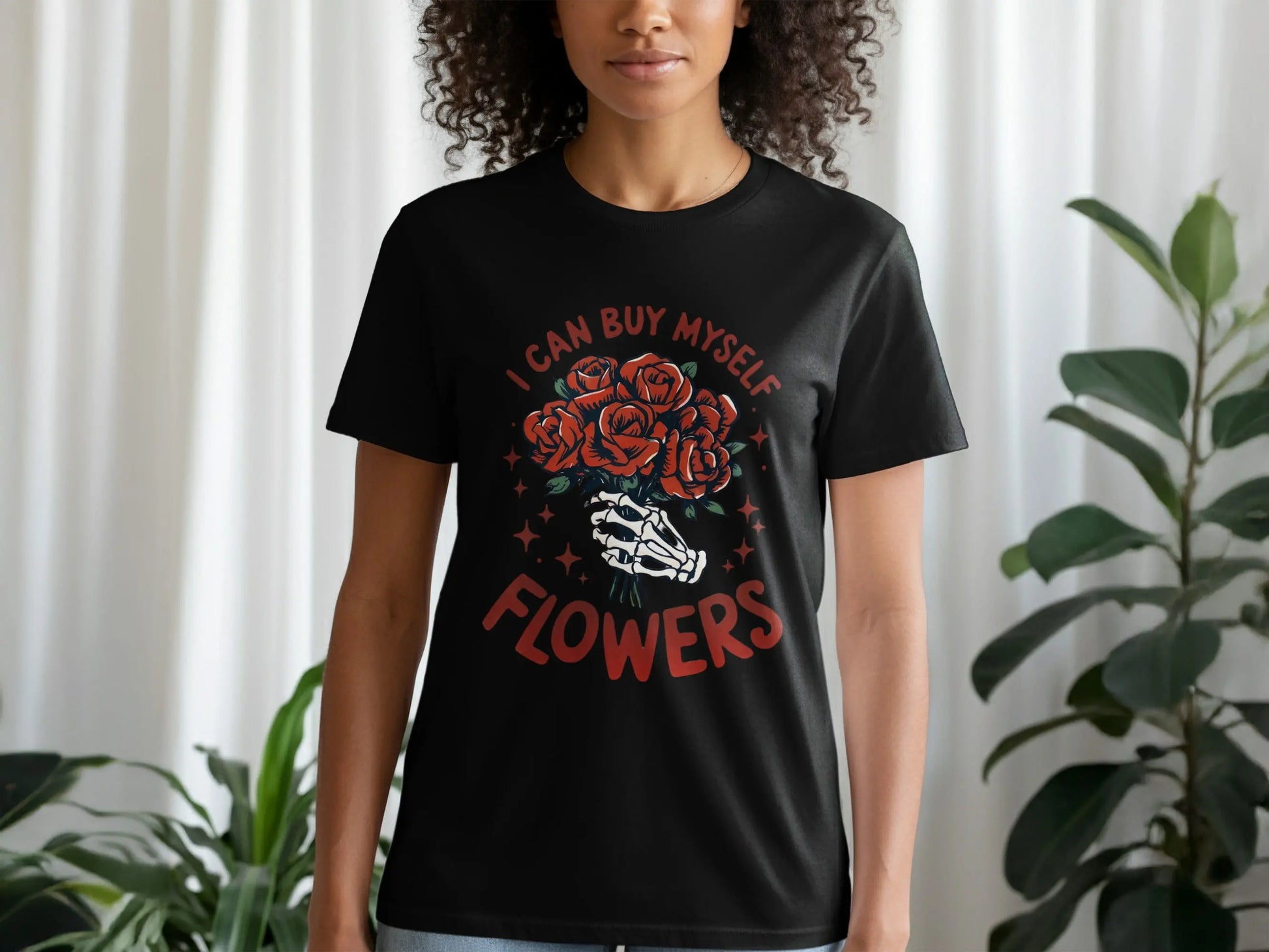 "I Can Buy Myself Flowers" Bouquet In Hand Skeleton T-Shirts Boofy