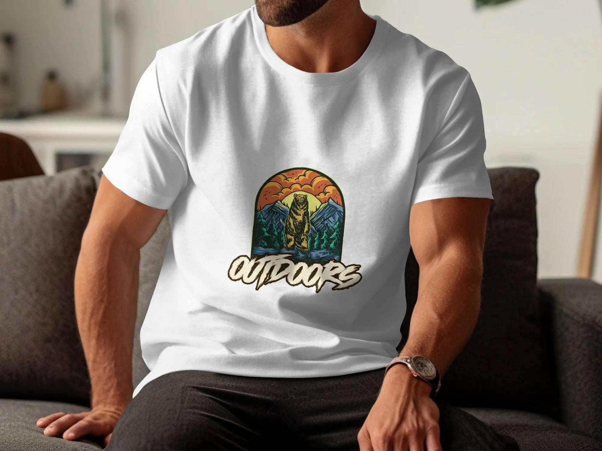 Bear Graphic with Mountains Outdoors Unisex T-Shirts My Store